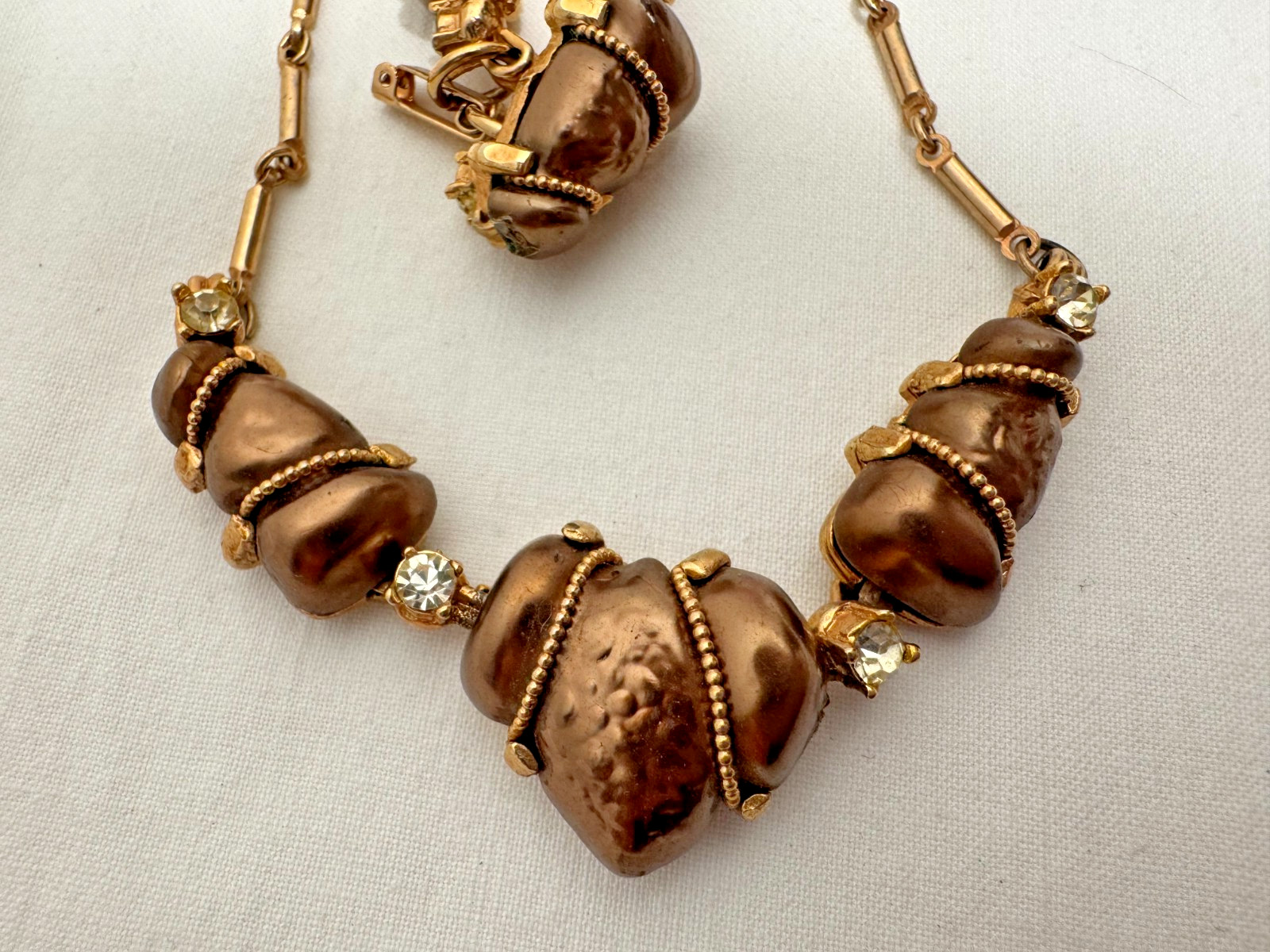 Vtg Bracelet Necklace Set MCM Regency Revival Brown 3D Textured Beads Gold Tone