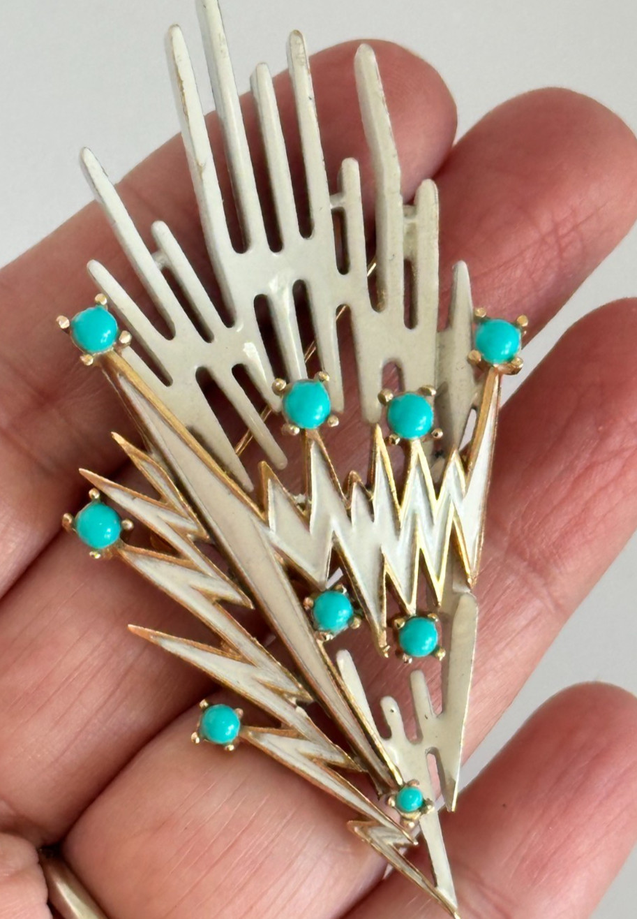 Vintage Crown Trifari Brooch White Enamel Aqua Cabochon 1955-1969 Era Modernist