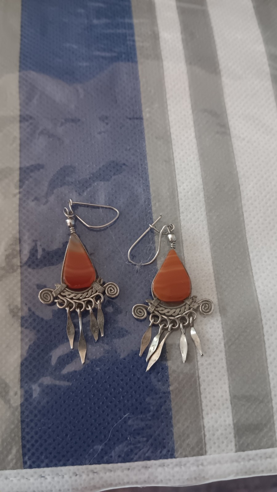 Vintage Sterling Silver 925 Banded Orange Agate Dangle Earrings