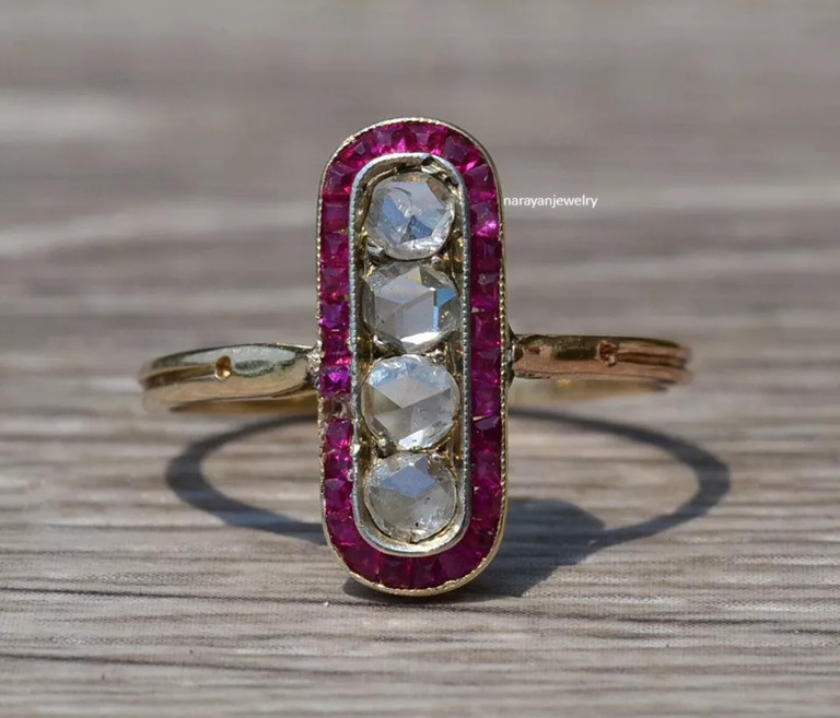 Edwardian Vintage 3Ct Round Cut CZ Diamonds Red Ruby Ring 14K Rose Gold Plated