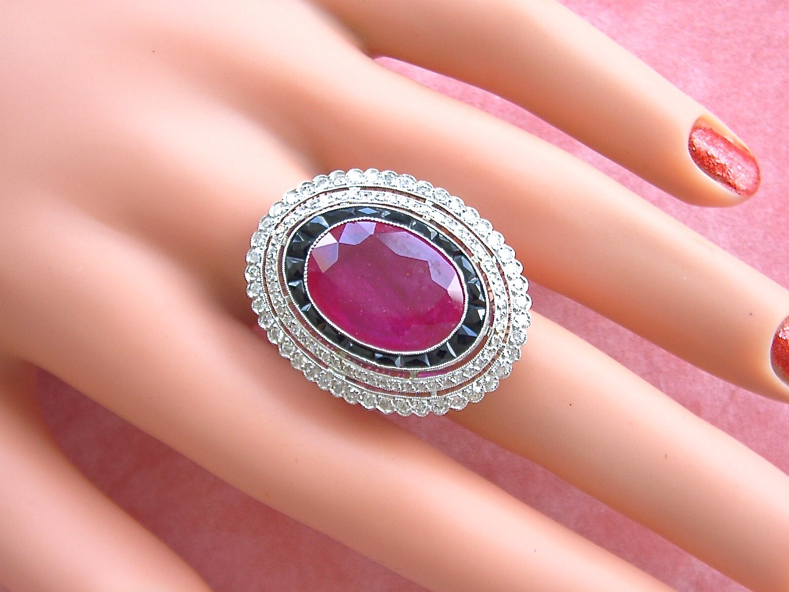 ESTATE ART DECO 12ct RUBY 1.4ctw DIAMOND BLACK SPINEL PLATINUM BIG COCKTAIL RING