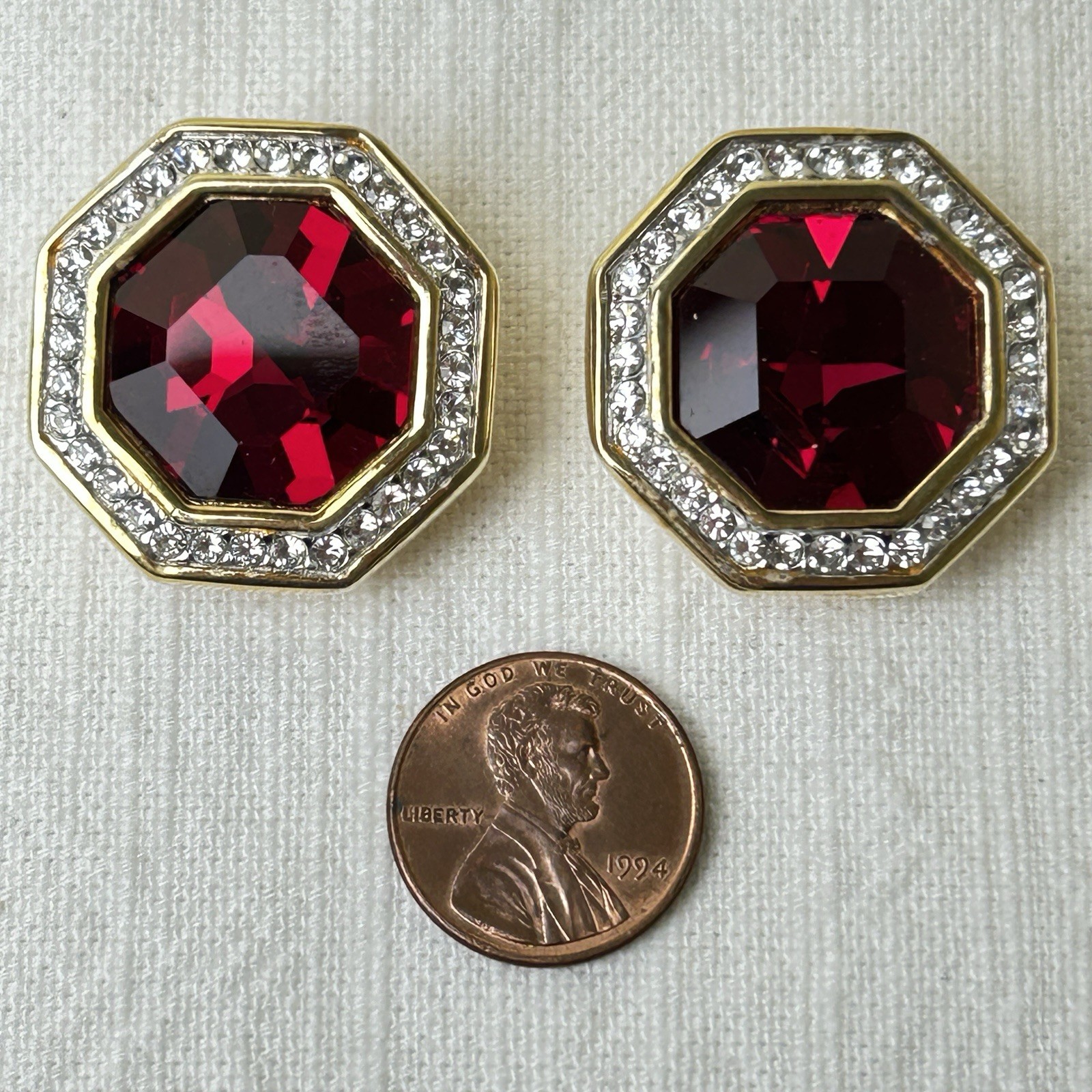 Swarovski Large Clip On Earrings Ruby Red Clear Crystal Gold Tone Octagon S.A.L.