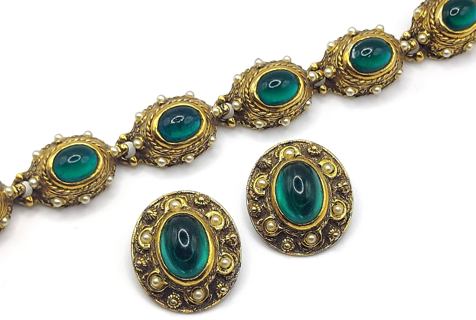 Benedikt NY Etruscan Revival Green Cabochon & Seed Pearl Bracelet & Necklace