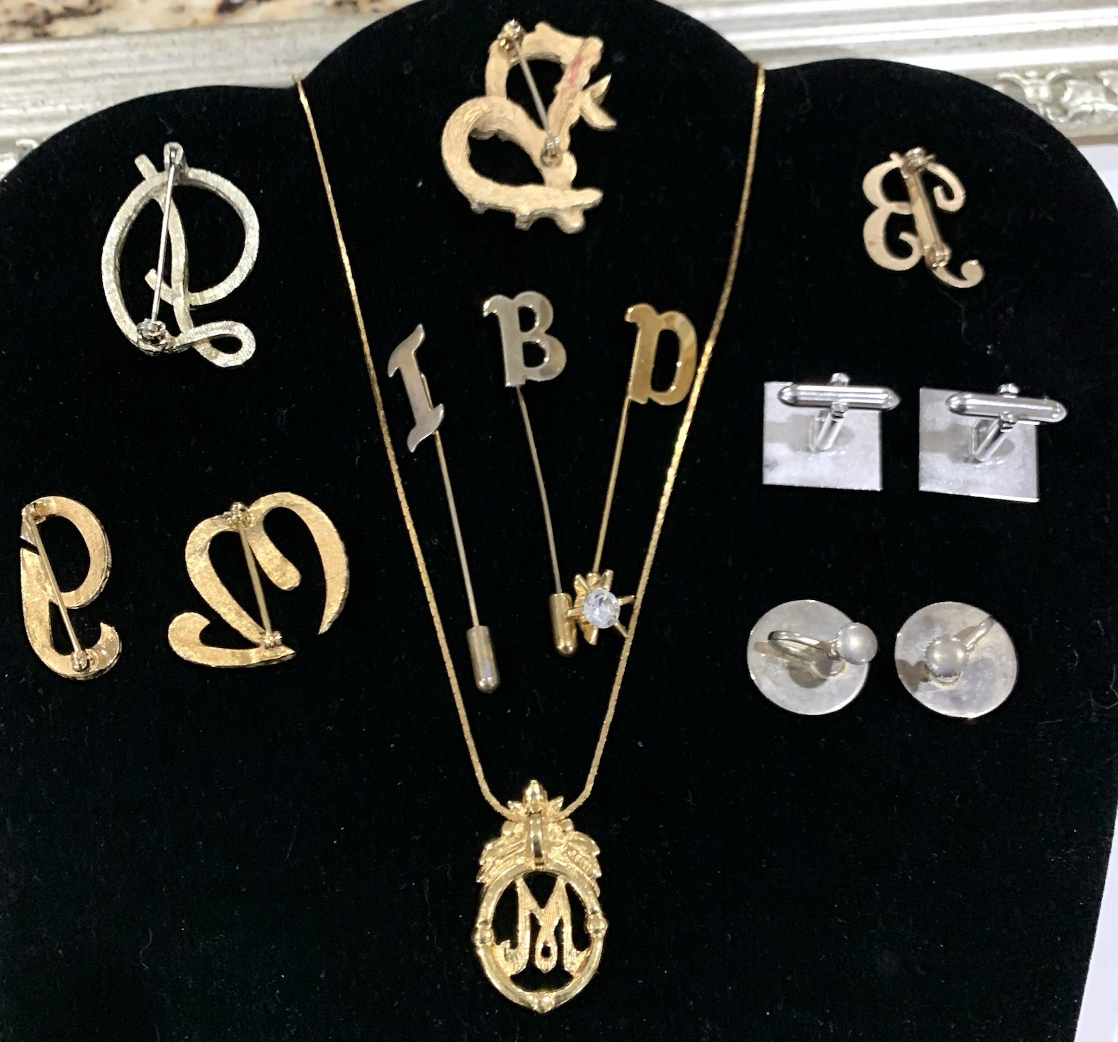 Vintage Lot of 11 INITIAL Brooches, Stick Pins, Necklace, Cuff Links, Earrings
