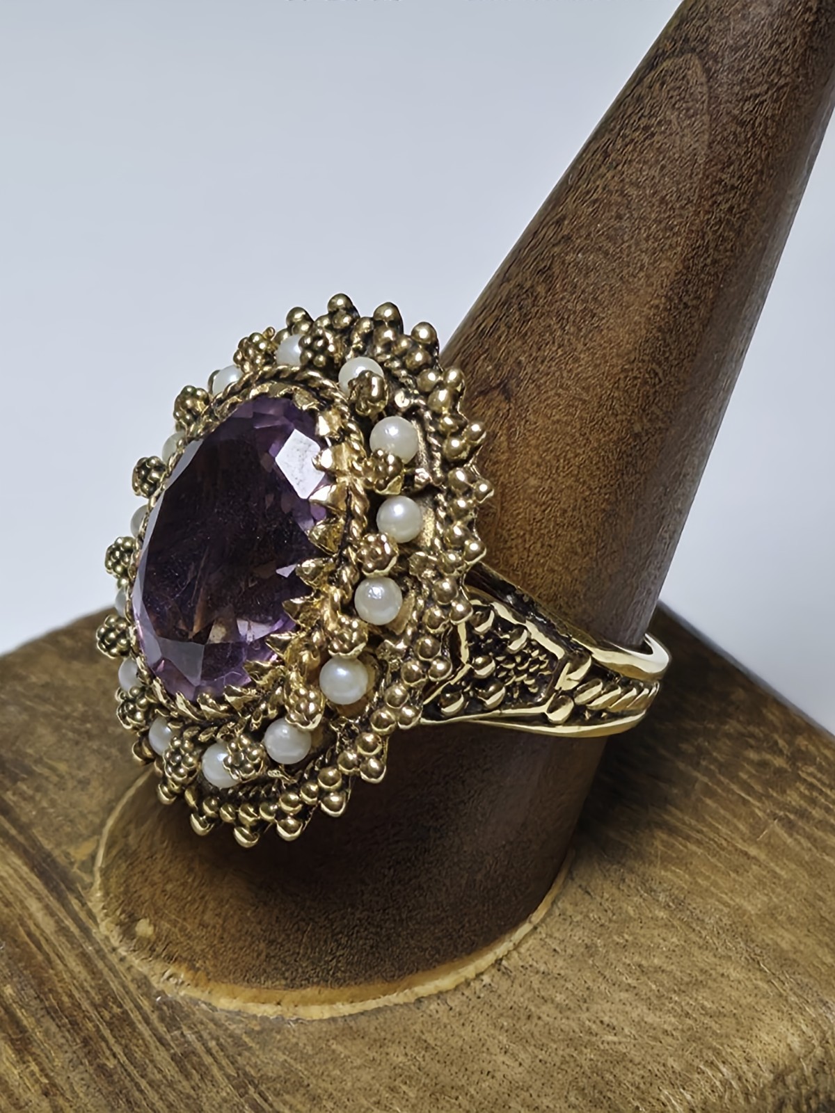 Vintage Signed 14k Yellow Gold Amethyst & Seed Pearl Ring Size 10