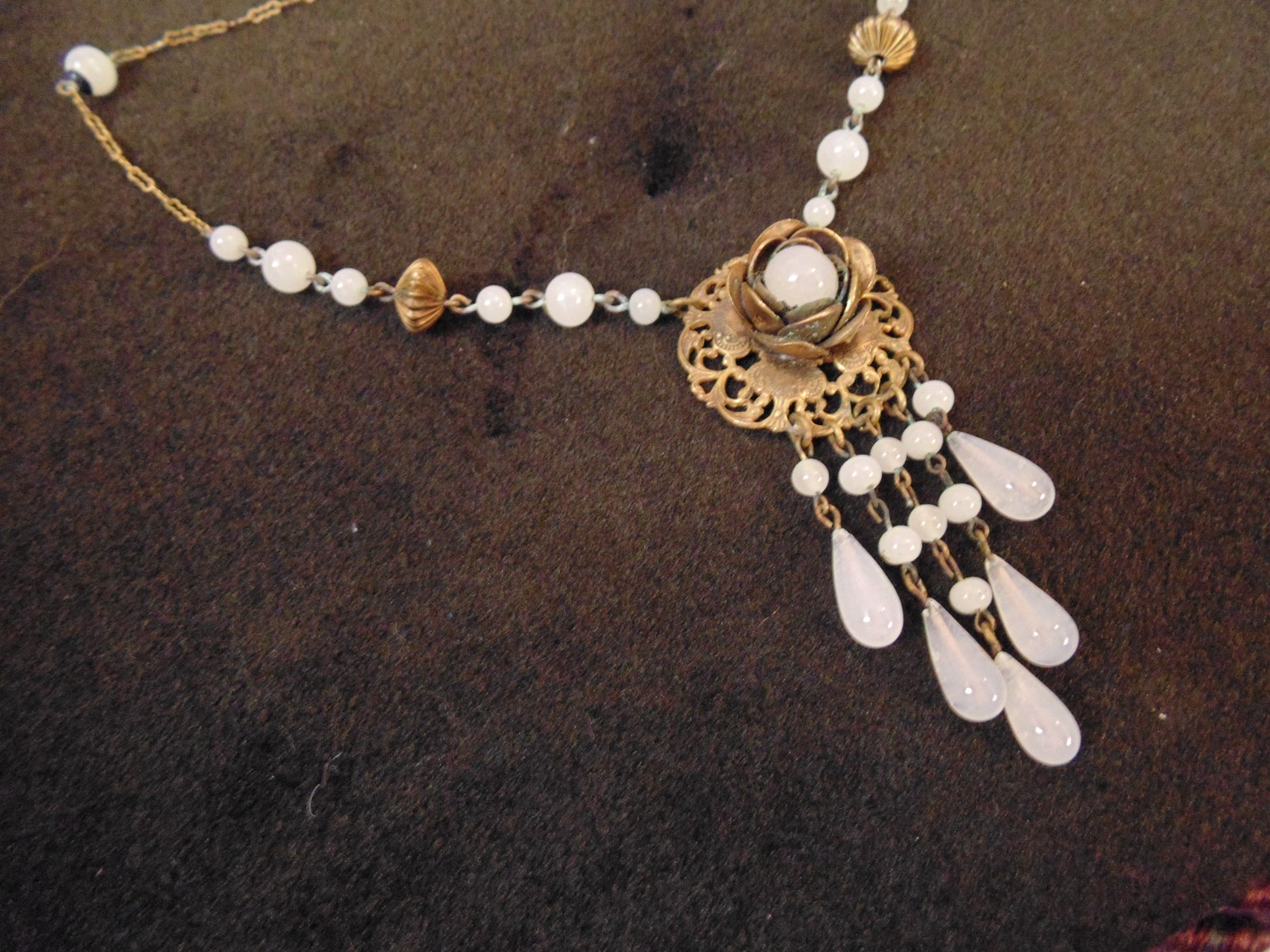 Victorian Antique Brass Filigree Opaline Glass Bead Pendant Choker Necklace 15.5