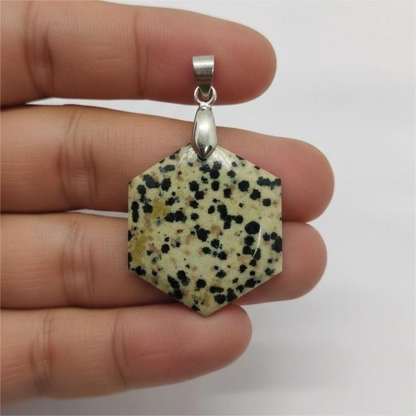 Certified Dalmatian Jasper Hexagon Pendant Necklace | Spotted Gemstone Jewelry
