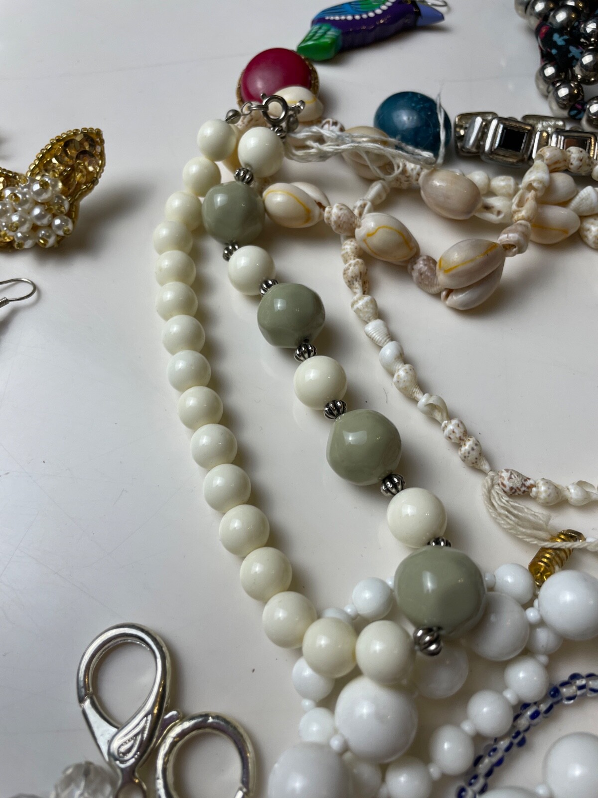 Lot Vintage Costume Jewelry For Repurposing And Wear Shell Necklace Beads Etc.