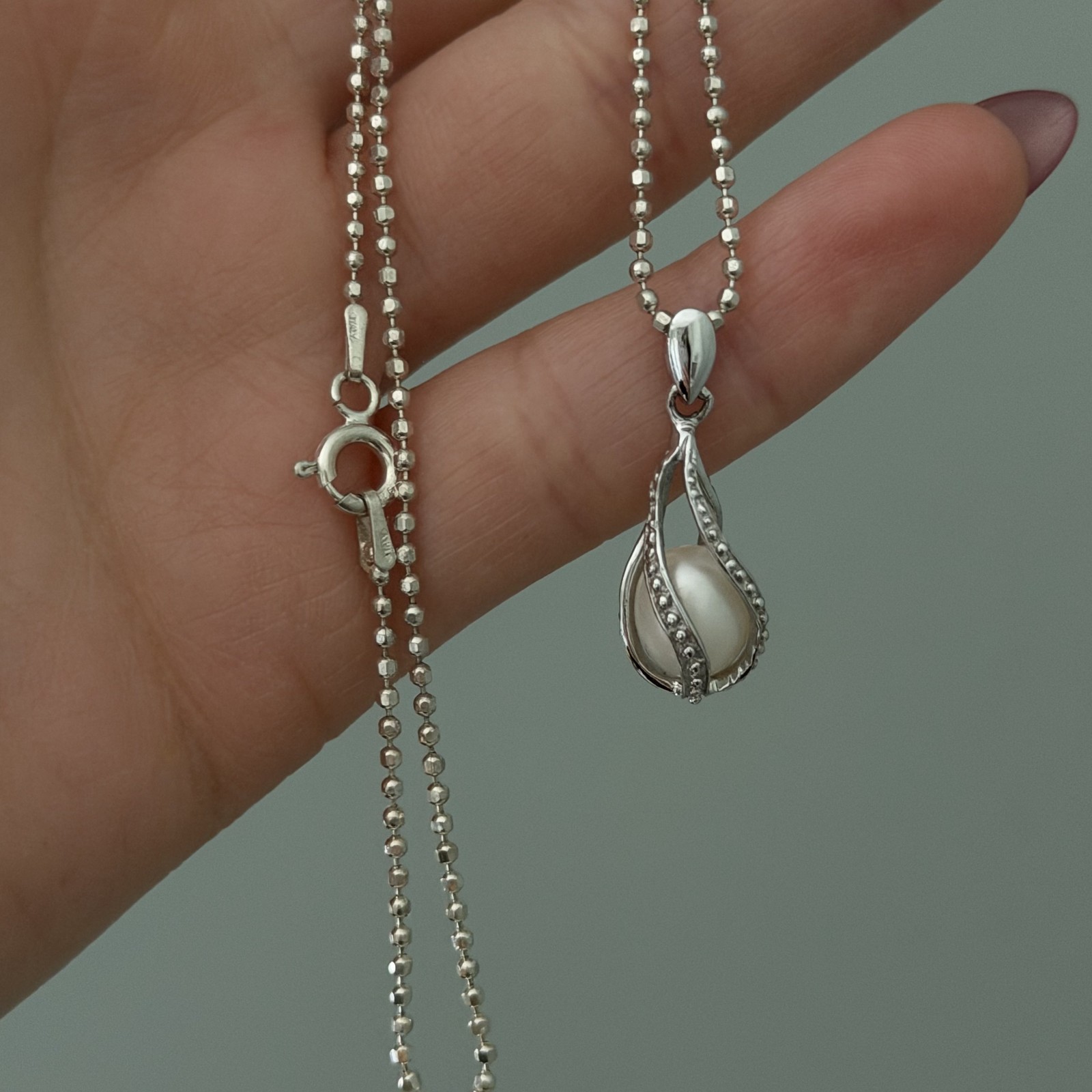925 Sterling Silver Genuine Caged Pearl Bead Ball Chain Necklace 16″