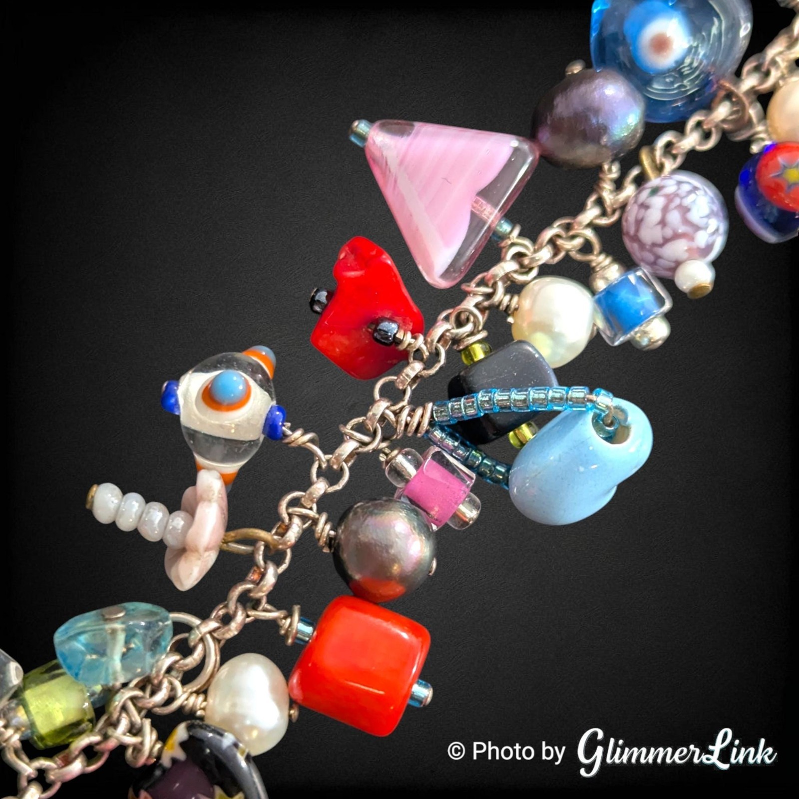 Vintage Artisan Cluster Bead Charm Bracelet Lampwork Glass Pearl Toggle