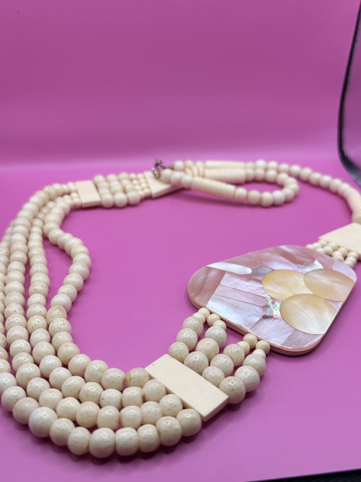 Vintage Bone Bovine Necklace Hand Carved Beaded 4 Strand