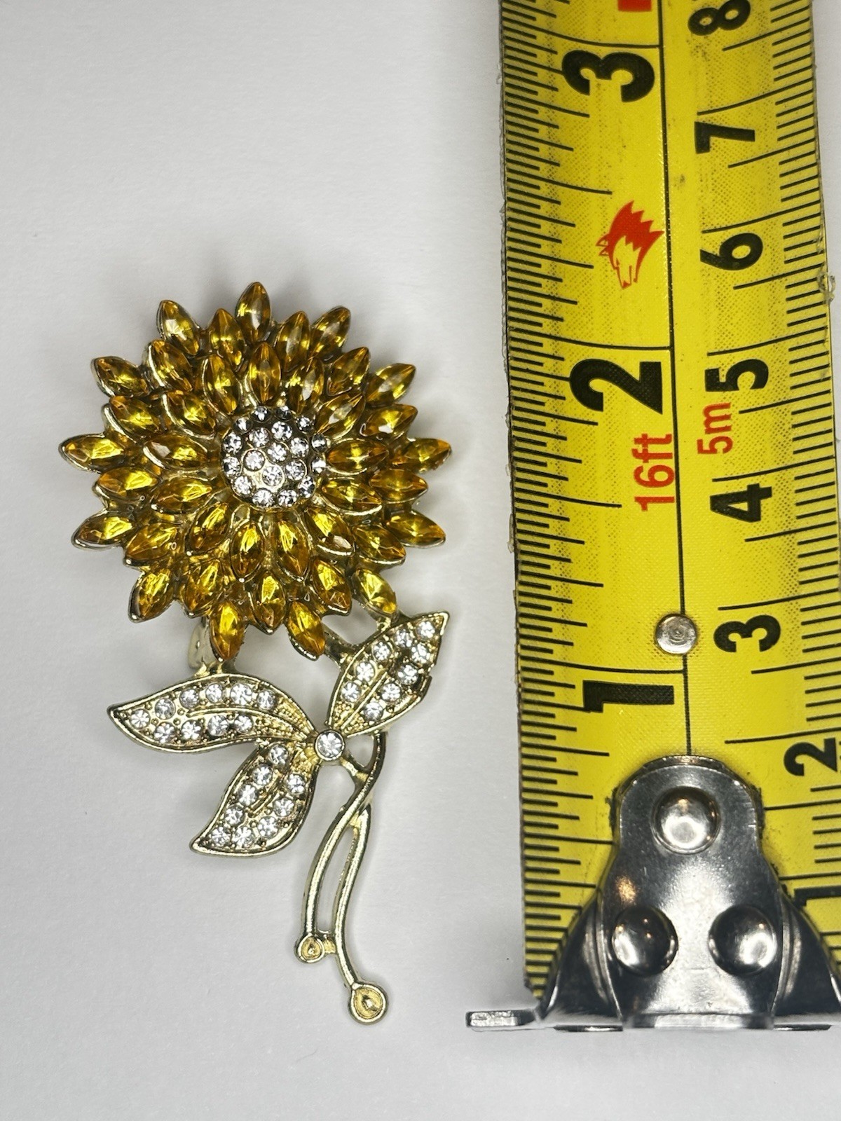 Sunflower Brooch Gold Tone Amber Rhinestone Floral Pin Large 3”