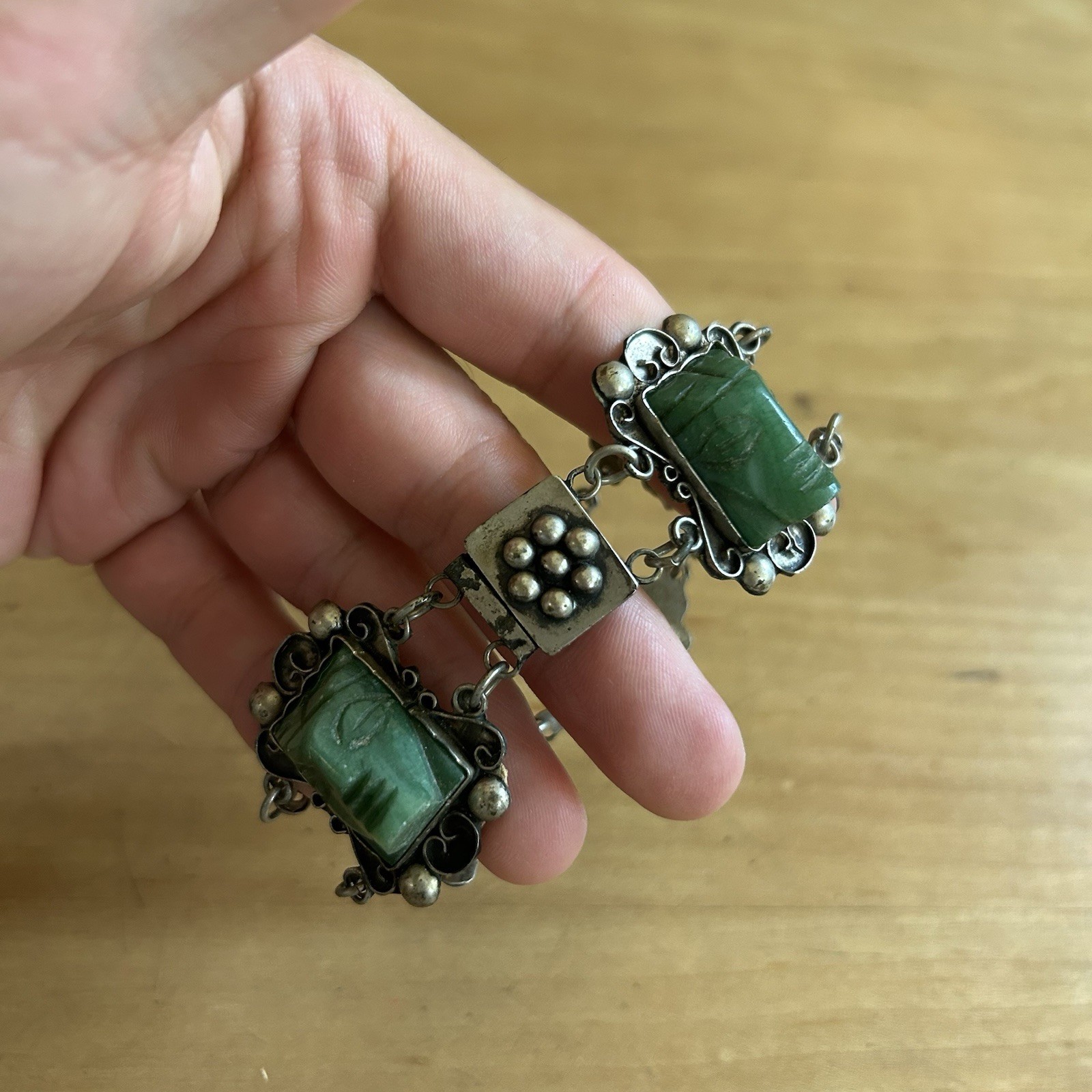 Vintage Antique 50s Silver Tone Metal Mayan Green Onyx Bracelet And Ring Set