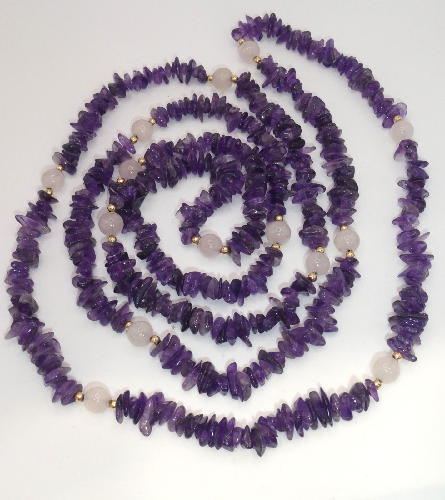 Amethyst Rose Quartz 10k Gold Spacer Beads 64” Opera Length Necklace Strand