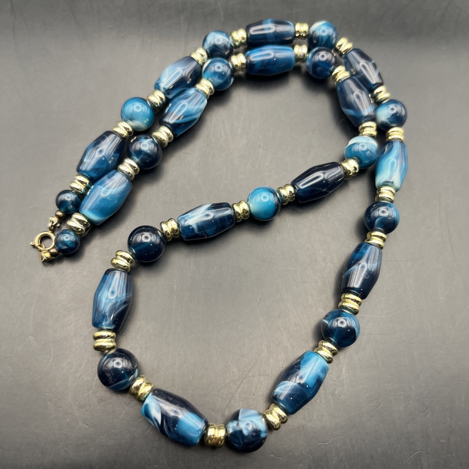Dark Teal Blue Plastic Bead Necklace Long Gold Tone Abstract 25 In Bold Vintage