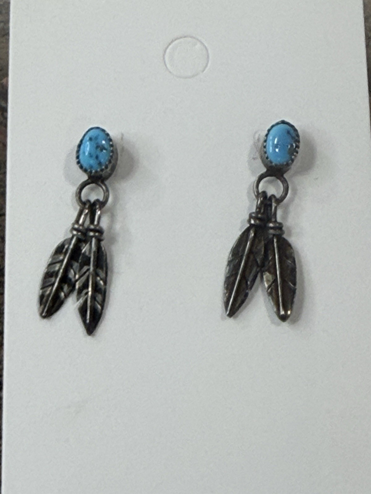 Vintage Turquoise Bright Blue Cabochons Double Silver Feathers Earrings