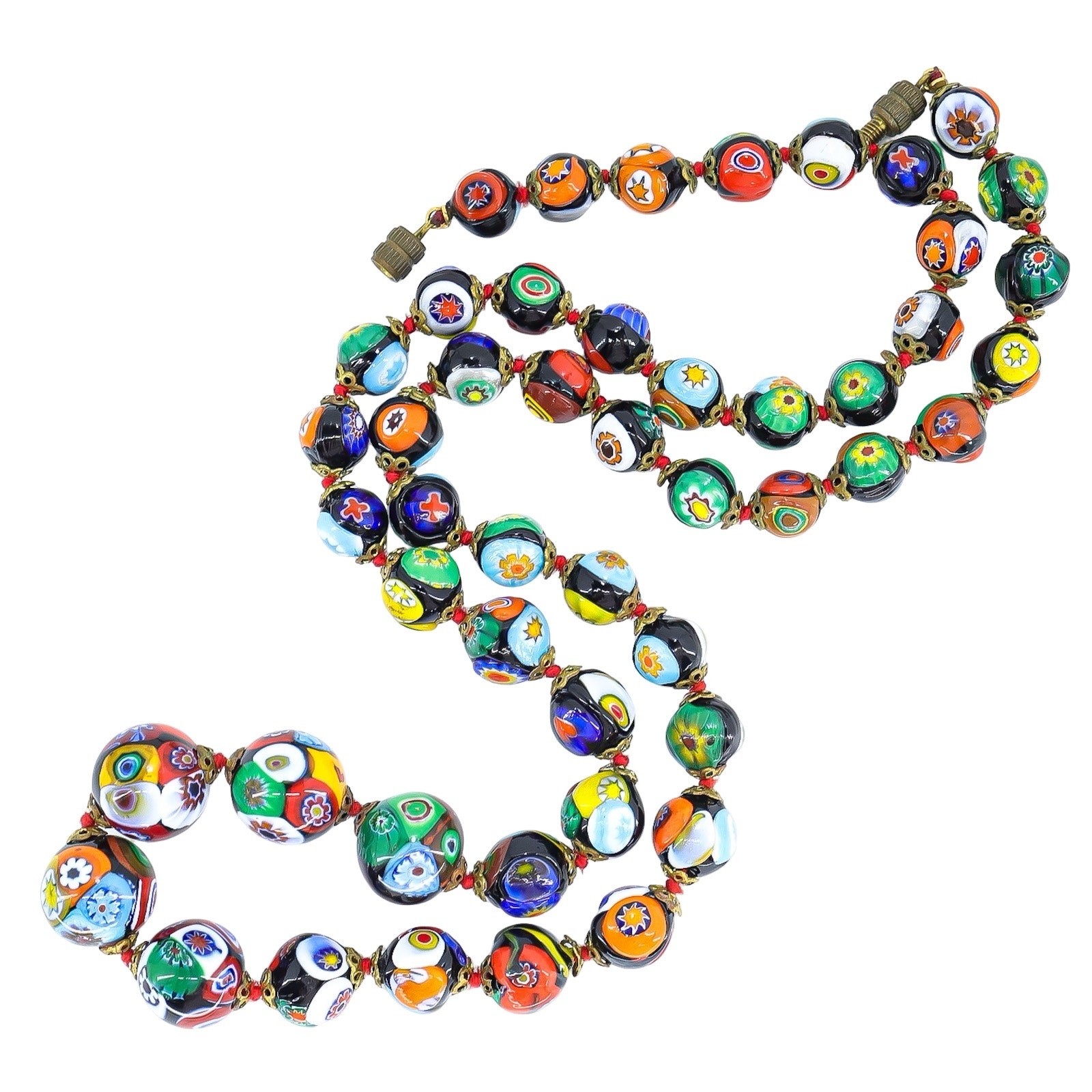 Vintage Venetian Millefiori Graduated Floral Bead Necklace 25in 8mm to 14mm