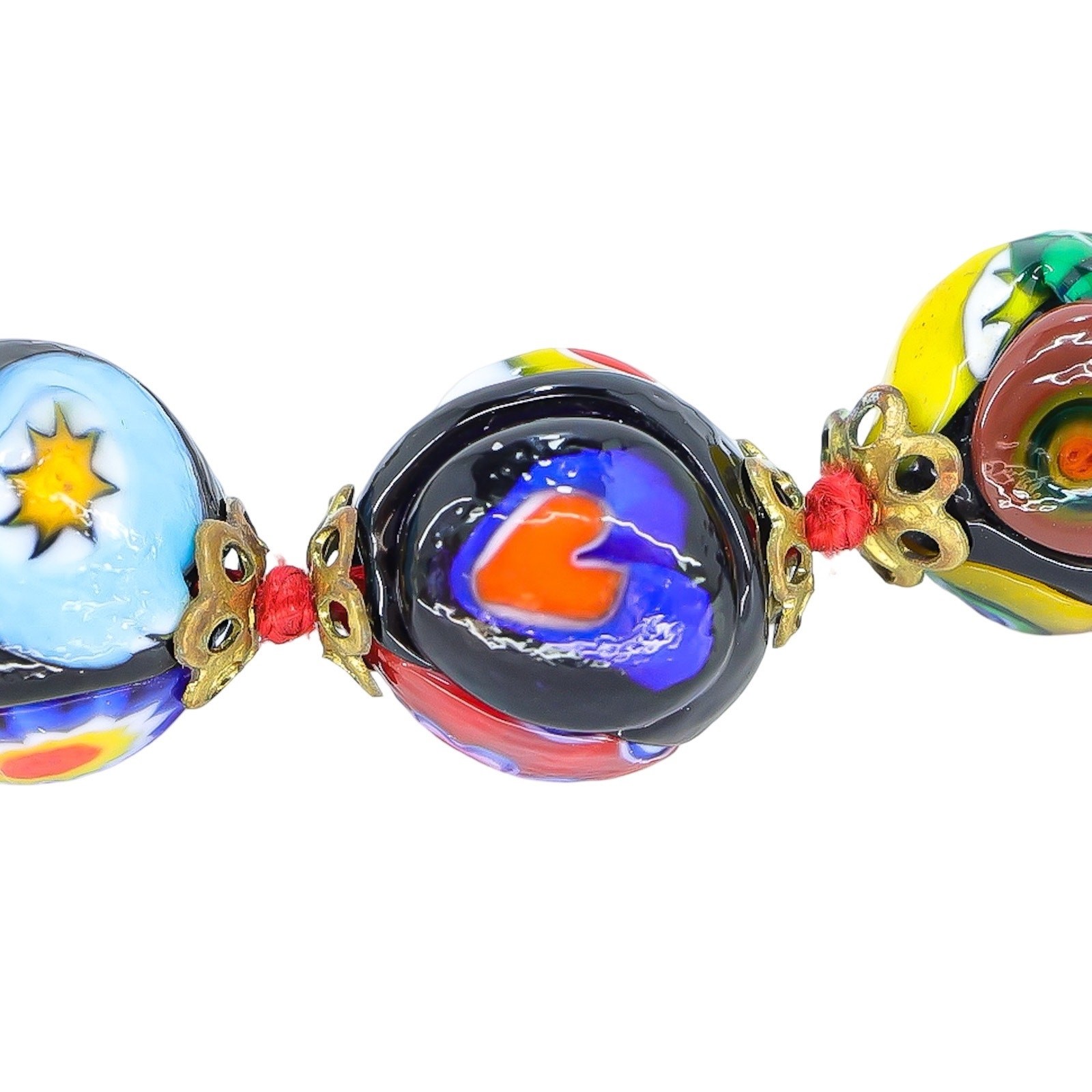 Vintage Venetian Millefiori Graduated Floral Bead Necklace 25in 8mm to 14mm