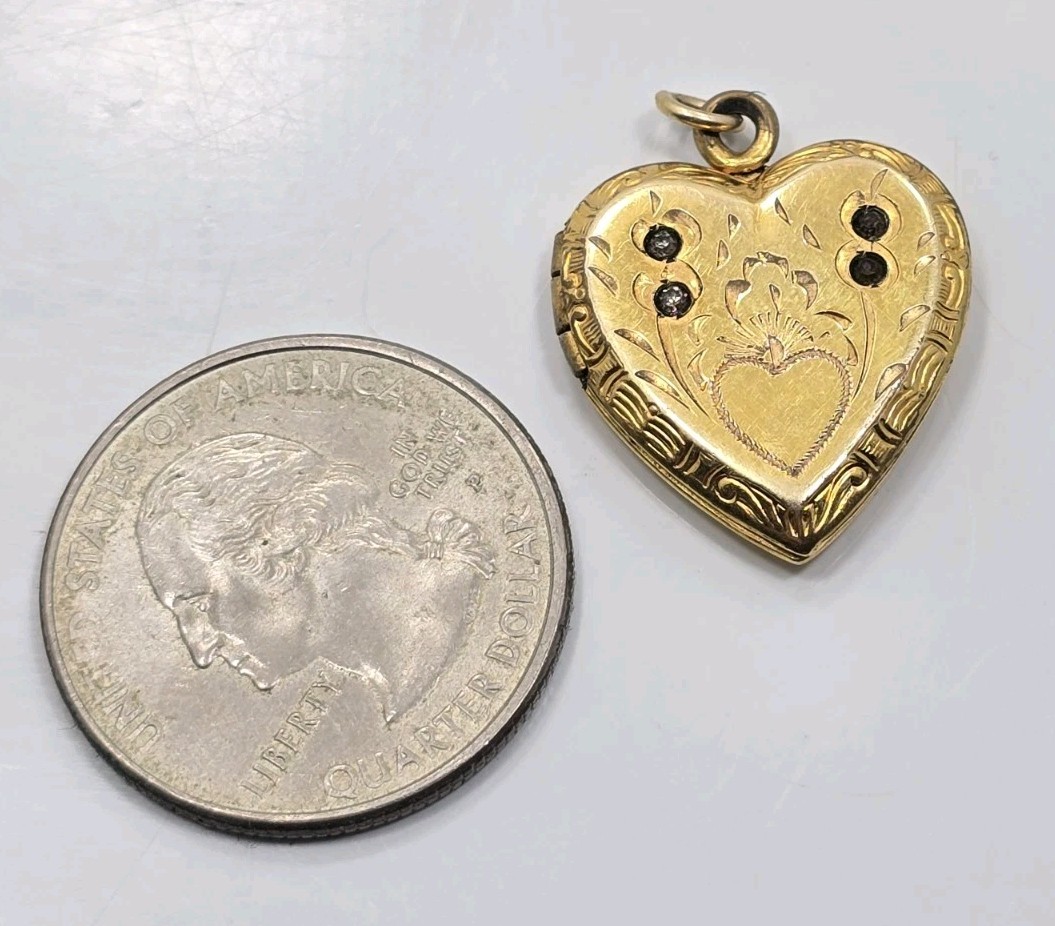 Beautiful Vintage Yellow Gold Filled Heart Rhinestone Locket Charm Pendant