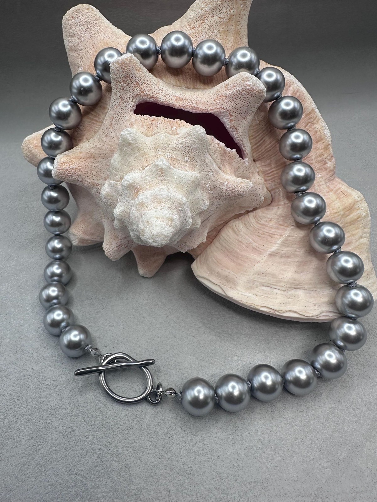 Minimalist Light Grey Glass Pearl Choker Stainless Toggle