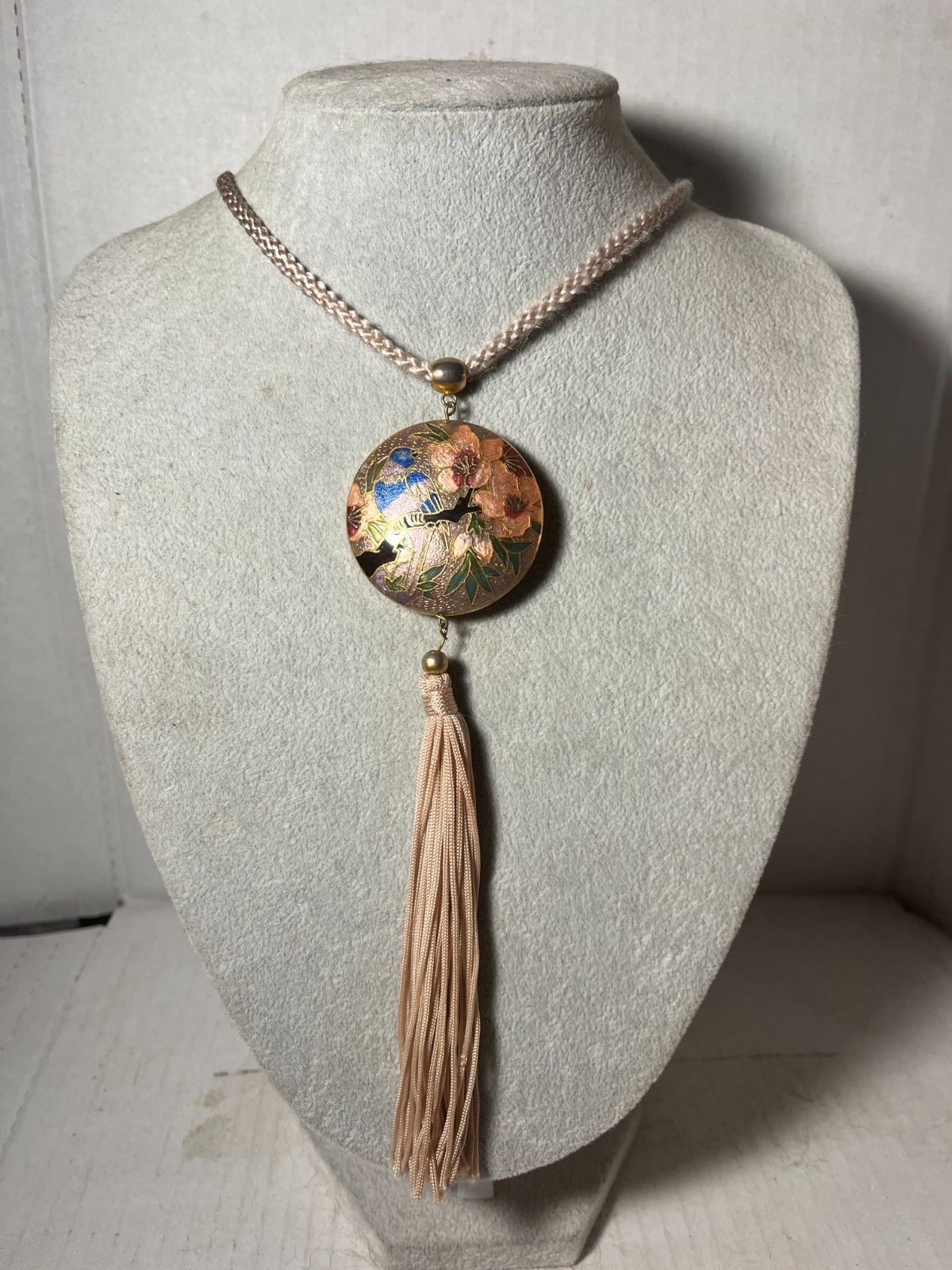 Vtg Cloisonne Pendant Tassel Necklace 26” Nylon Chain Brown Enamel Bird/Flowers