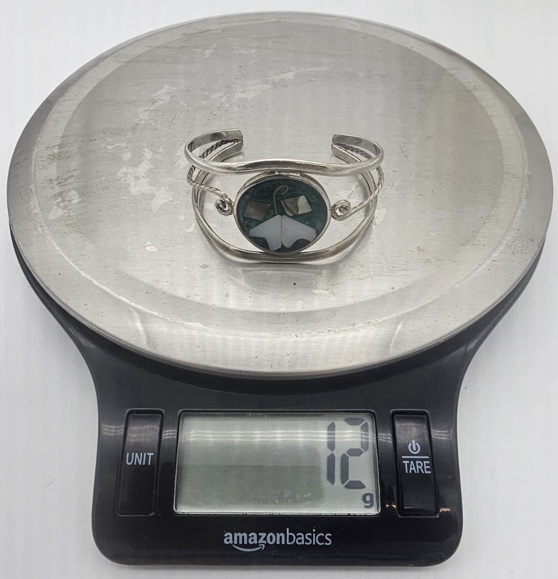 Vintage Mexico Alpaca MOP Abalone Flower Inlay Bracelet Cuff For Thin Wrist