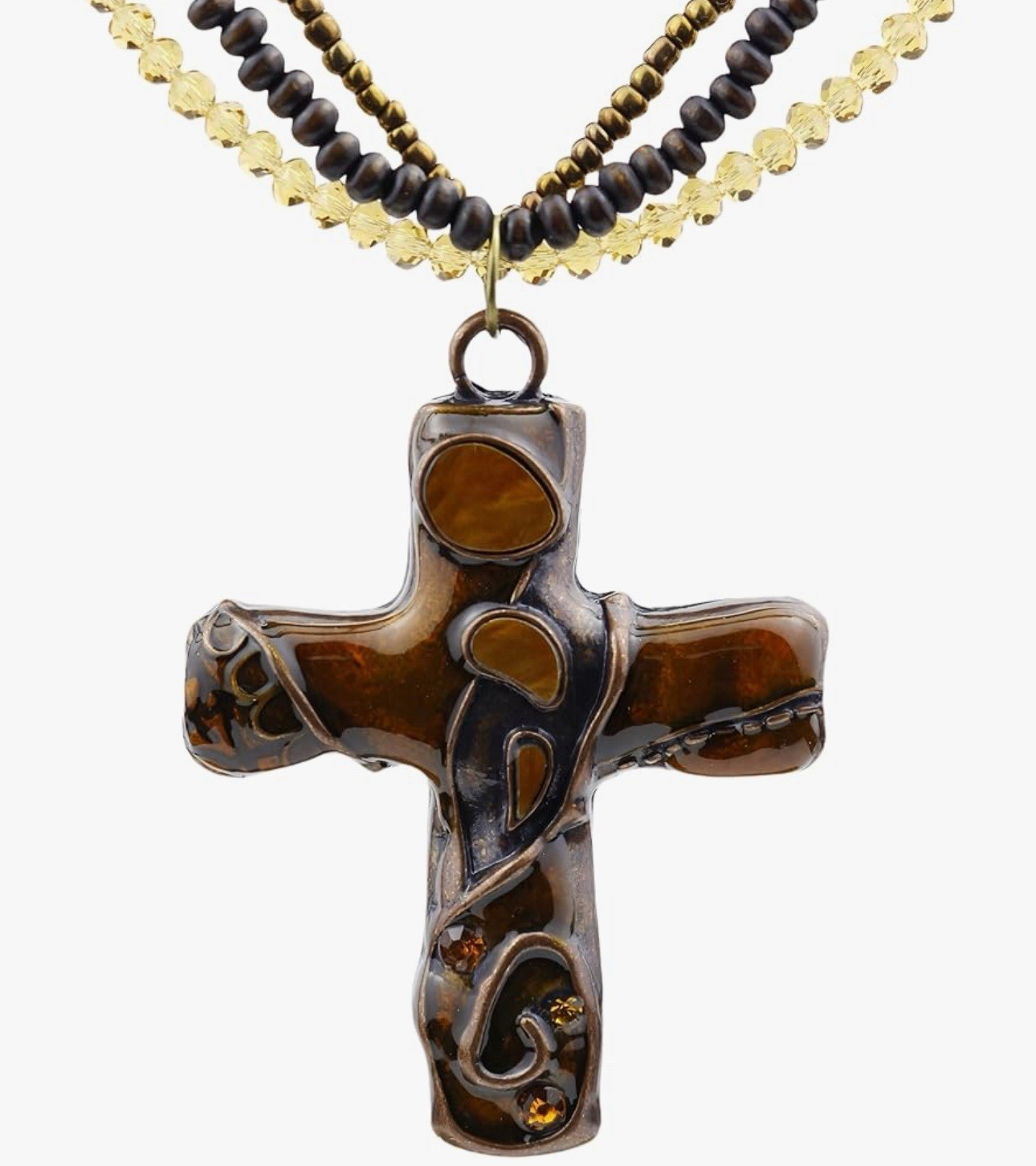 Vintage Retro Gothic Bohemian Cross Pendant Multi-Layered Beaded Chain Necklace