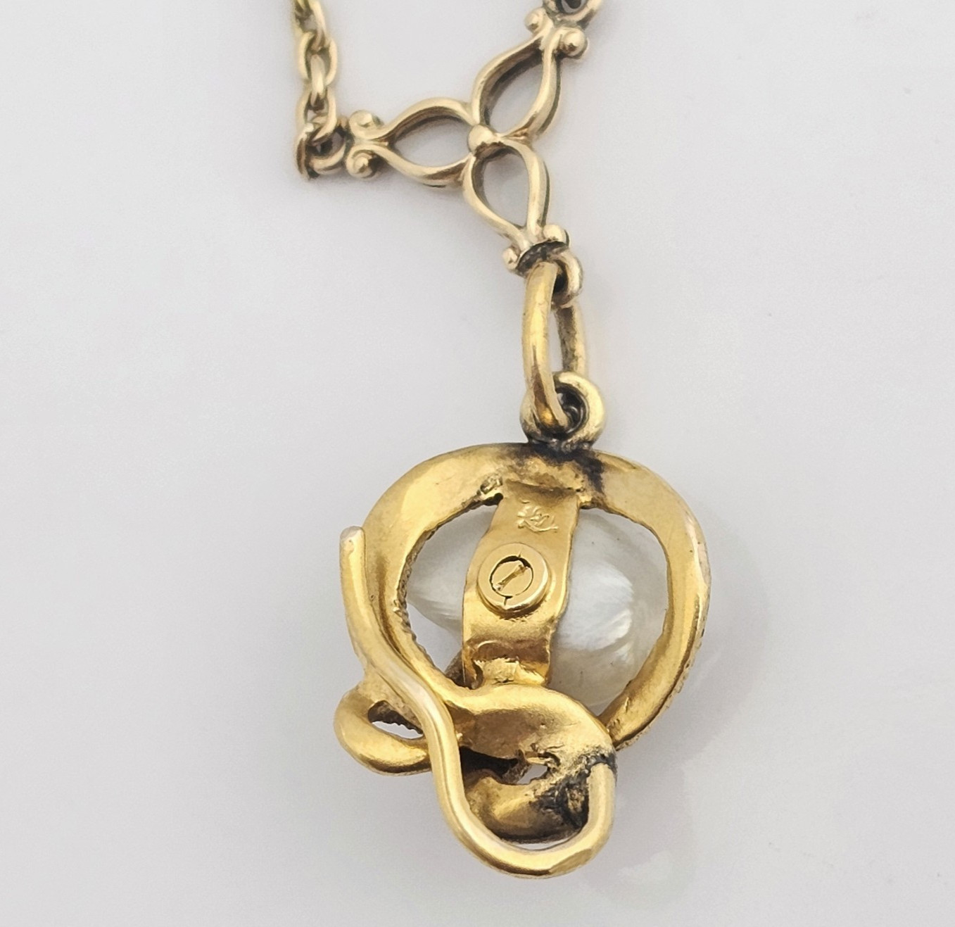 14K Gold Art Nouveau Demantoid Garnet Pearl Snake Serpent Necklace Antique 22in