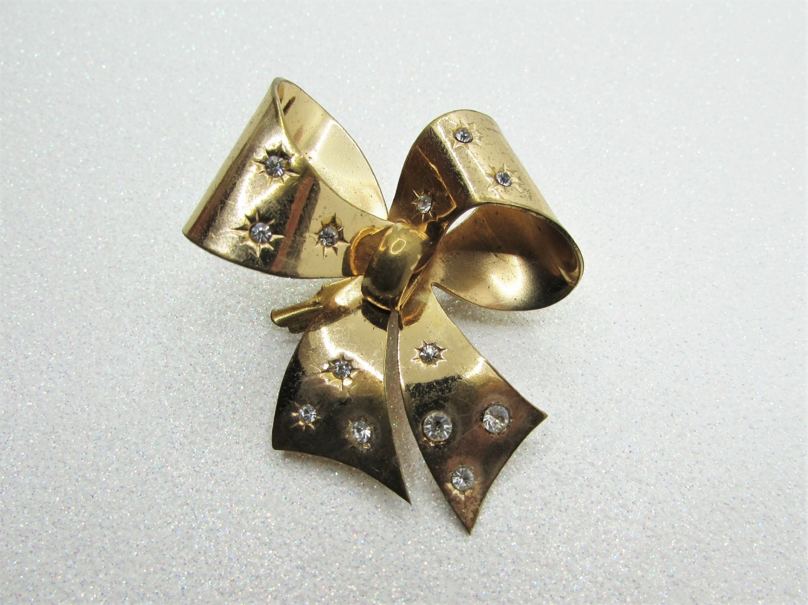Fancy Vintage 1950s Bow Brooch- Rhinestones Starbursts- Gold Plated Ribbon Pin