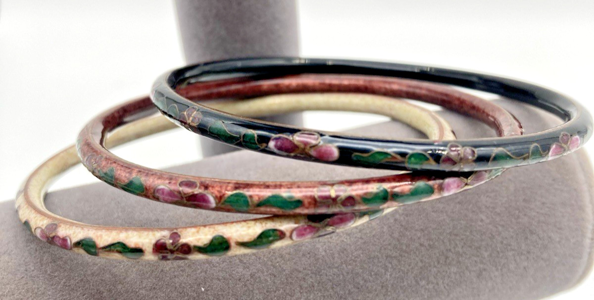 Chinese Cloisonne Enamel Bracelets (Lot of 3) Floral Design Vintage