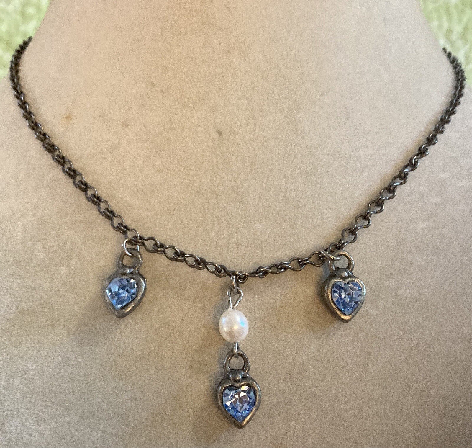 Vintg EH Elvin Hillestad Norway Necklace Crystal Hearts Pearl Charms Signed 15”