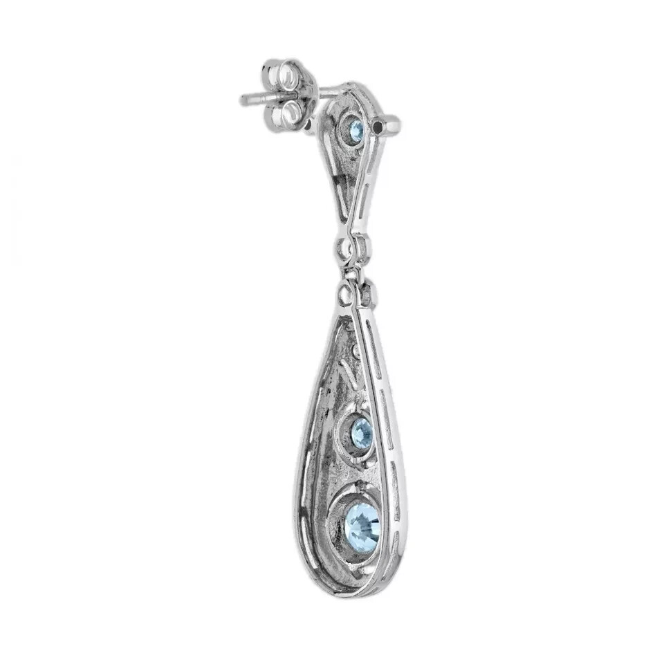 Art Deco Style Lab Created Diamond Aquamarine Drop Earring 14k White Gold Finish