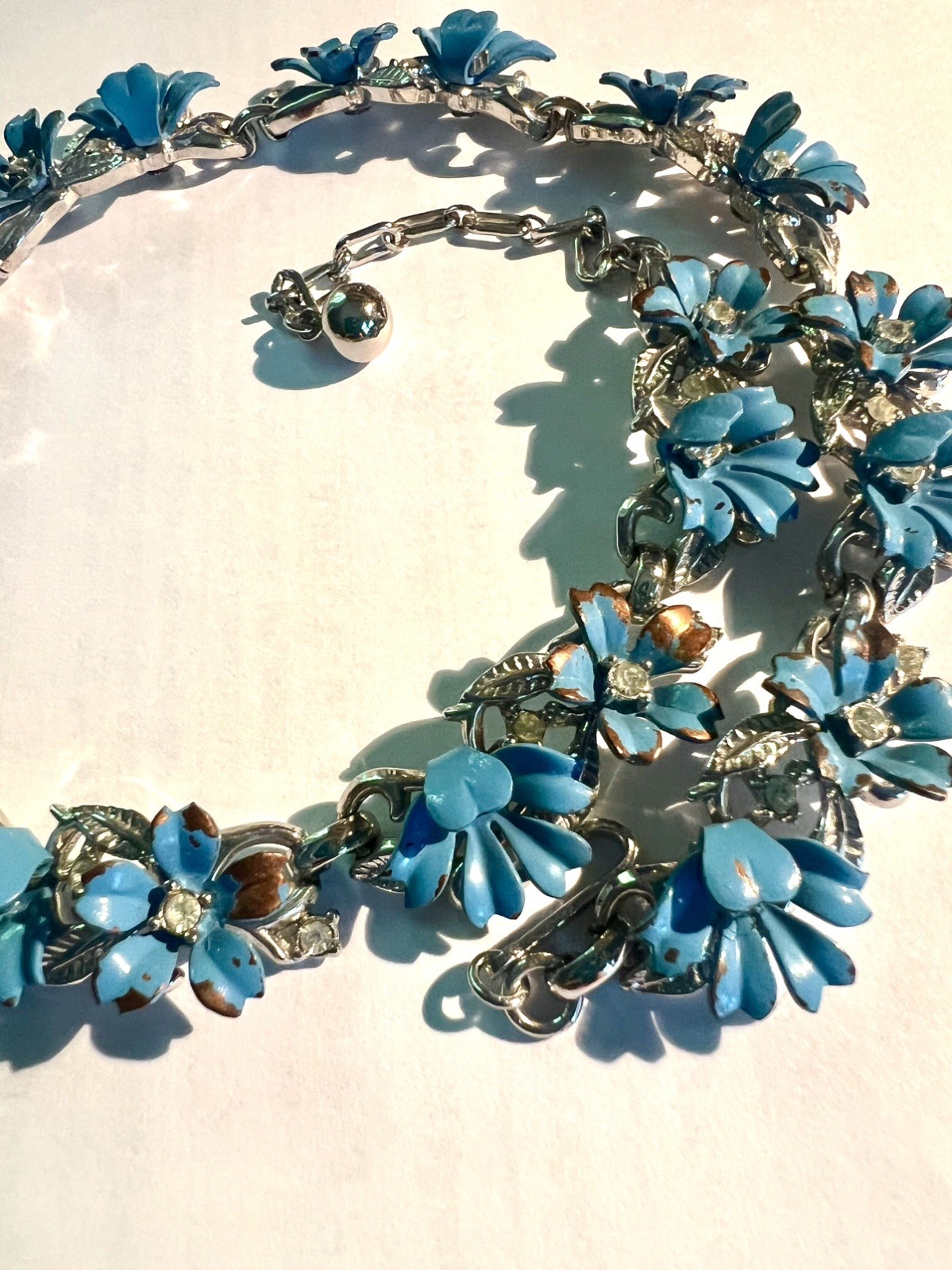 Trifari Mid-Century Turquoise Enamel Floral Choker Necklace; Signed; c. 1950-55