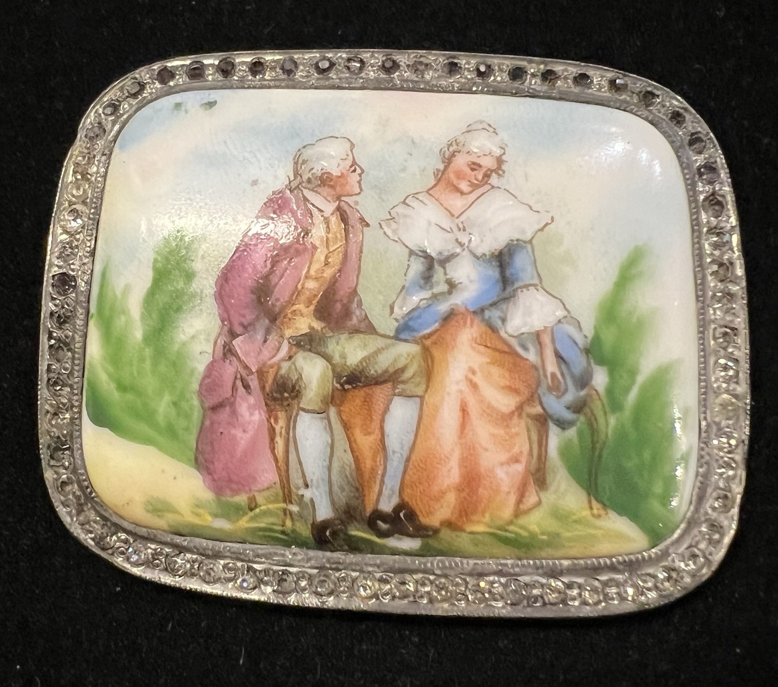 Vintage hand painted Transfer Romance Scene Porcelain Brooch 2”x 1.5” RNST Frame