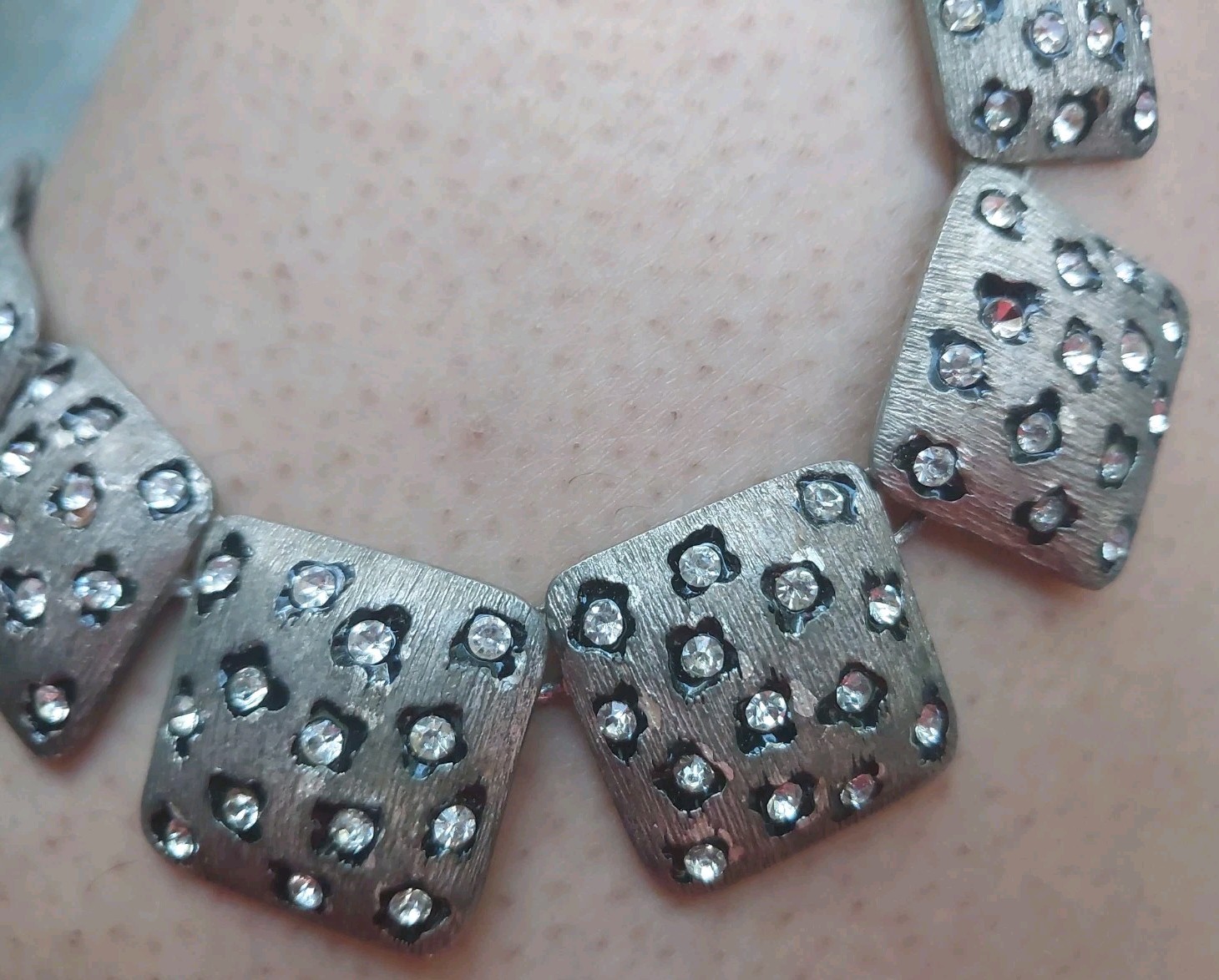 Chunky Silvertone Chain w Ridged Square & Clear Rhinestone Faux Animal Print