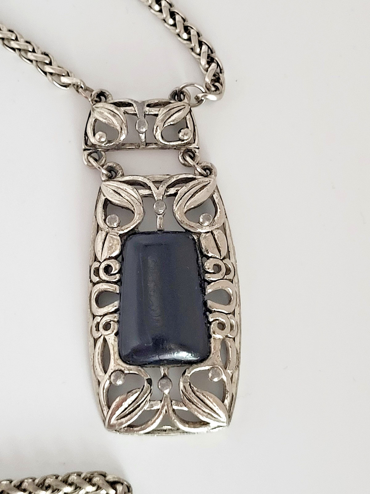 Vintage Wheat Chain Filigree Rectangle 2.5″ Pendant Resin Stone 15″