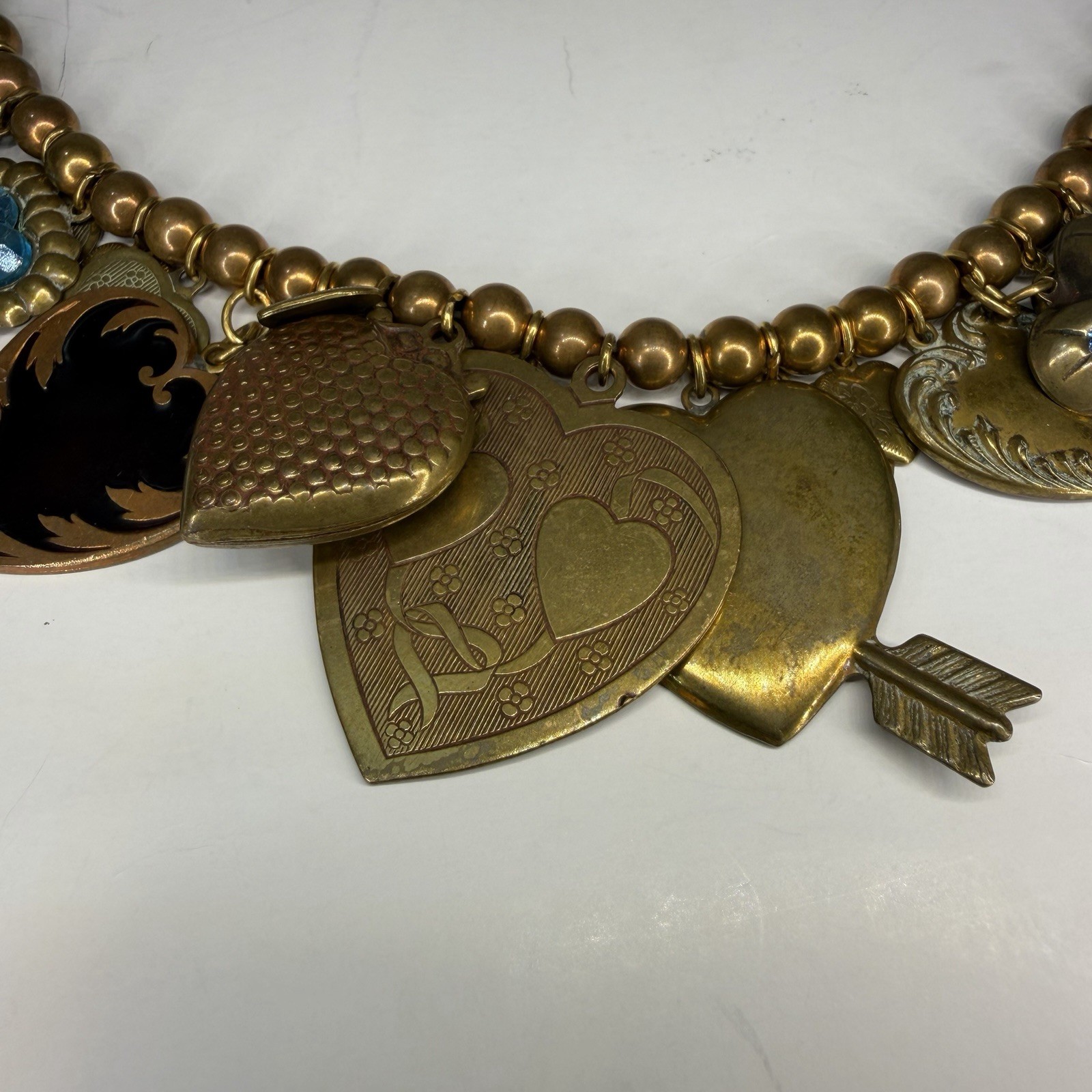 Vintage Pididdly Links Brass Bead Dangling Heart Cherub Key Charm Necklace 20in