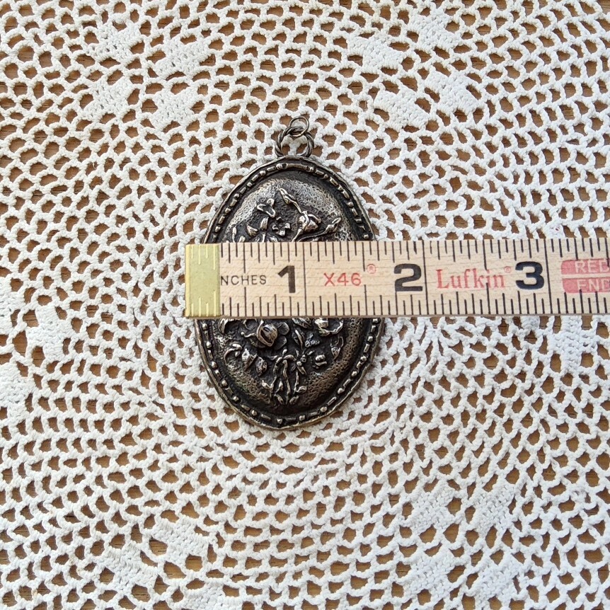 Oval Pendant With Floral Embossing Silver Tone Metal No Stamp Art Nouveau