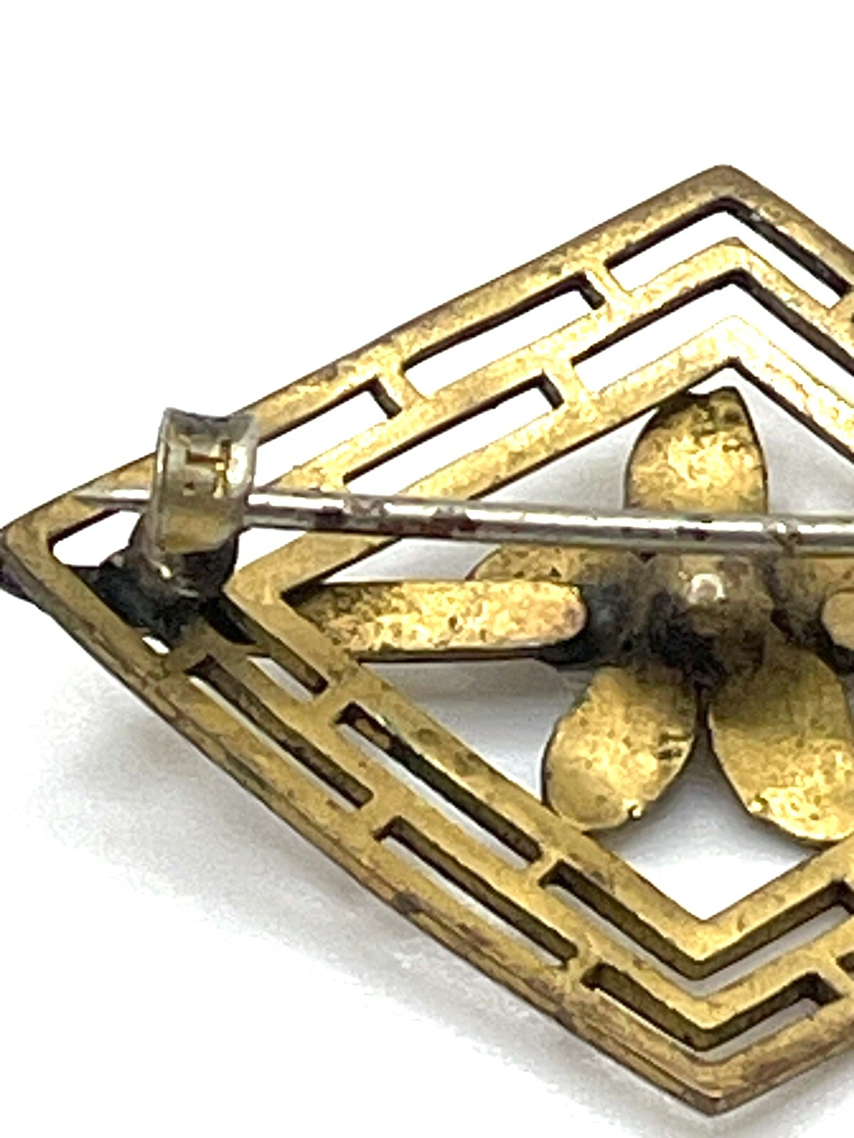 Antique Art Nouveau Brass Red Crystal Flower Openwork Brooch Pin
