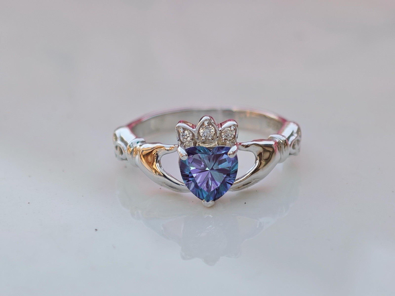 1 Ct Alexandrine Heart Shape Stone Celtic Claddagh Ring in 935 Argentium Silver