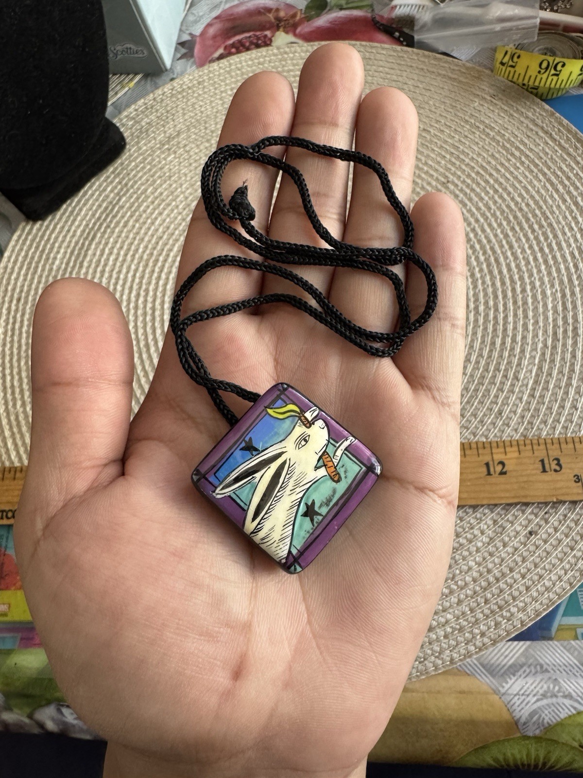 Vintage Whimsical Hand Painted Glazed Square Rabbit Pendant Brooch