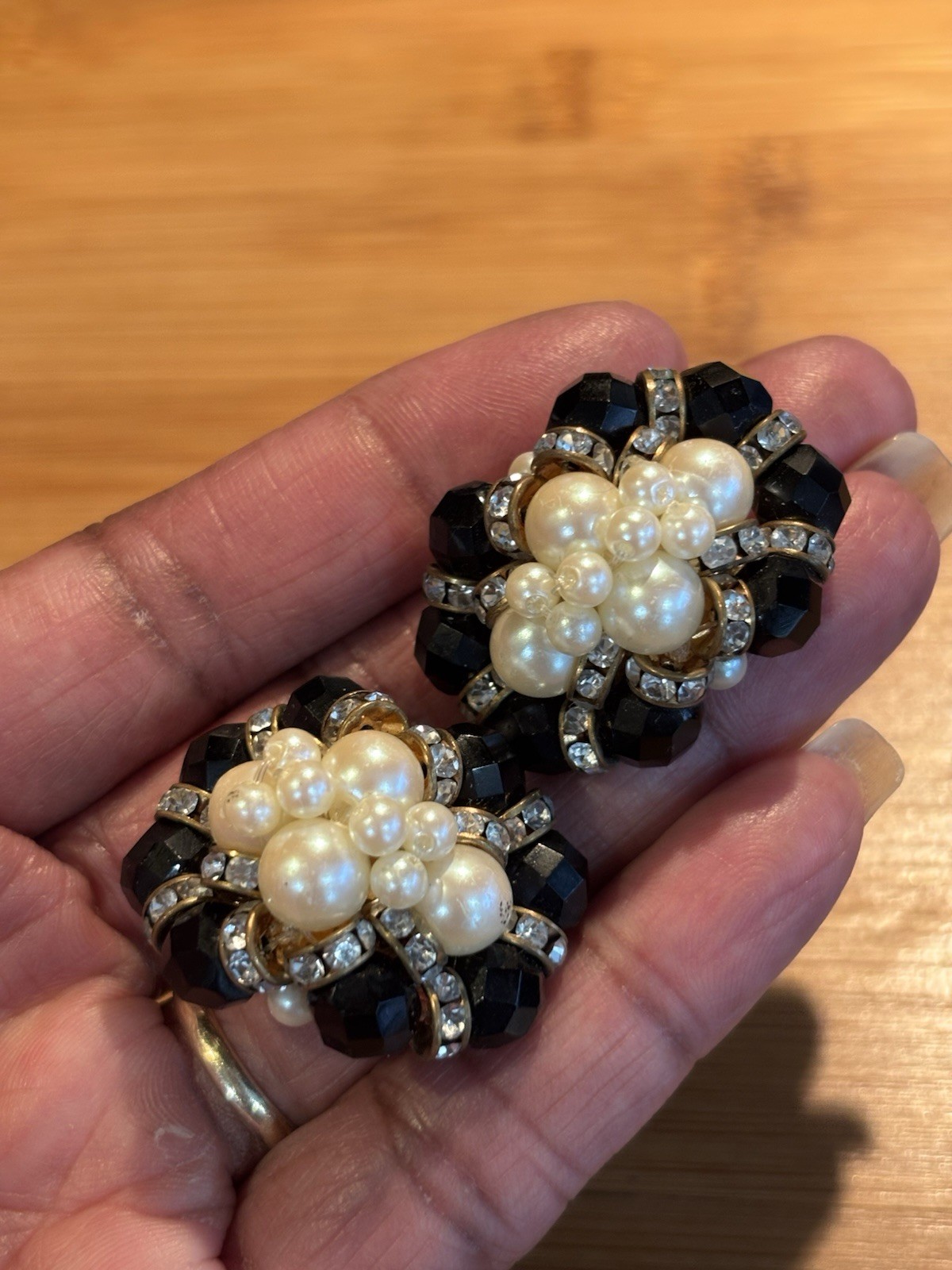 Vintage Muti- Faceted Black Cluster Bead Faux Pearl Earrings with Rhinestones