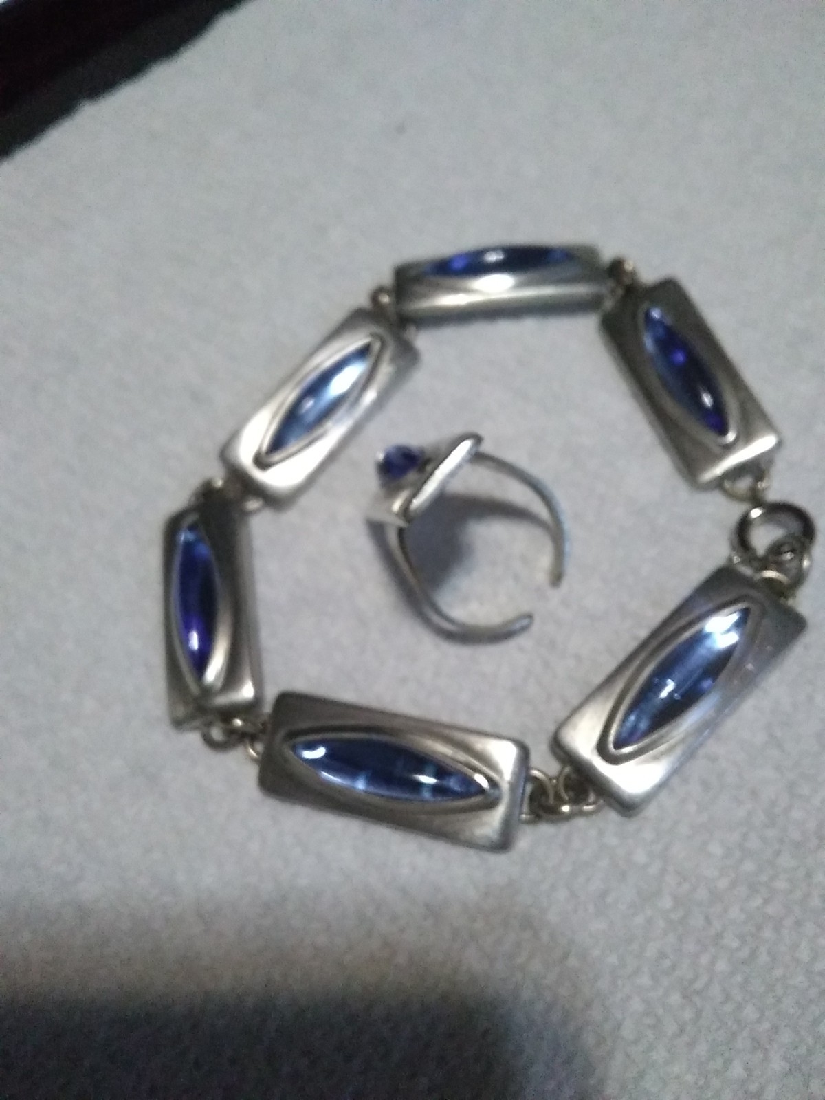 Jargen Jensen Denmark 1960s MCM Pewter Blue Glass Cabochon Ring and Bracelet