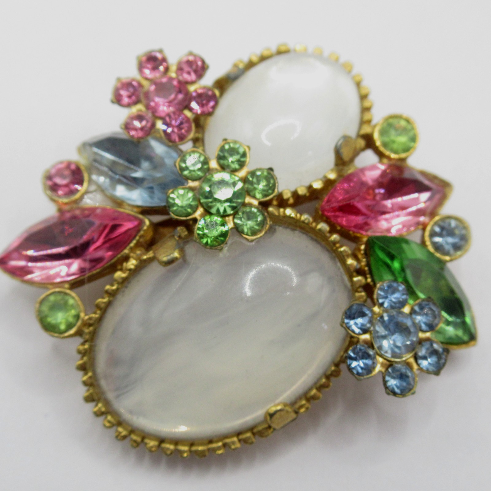 Rhinestone Vintage Brooch Pin Flowers Opaline Glass MCM