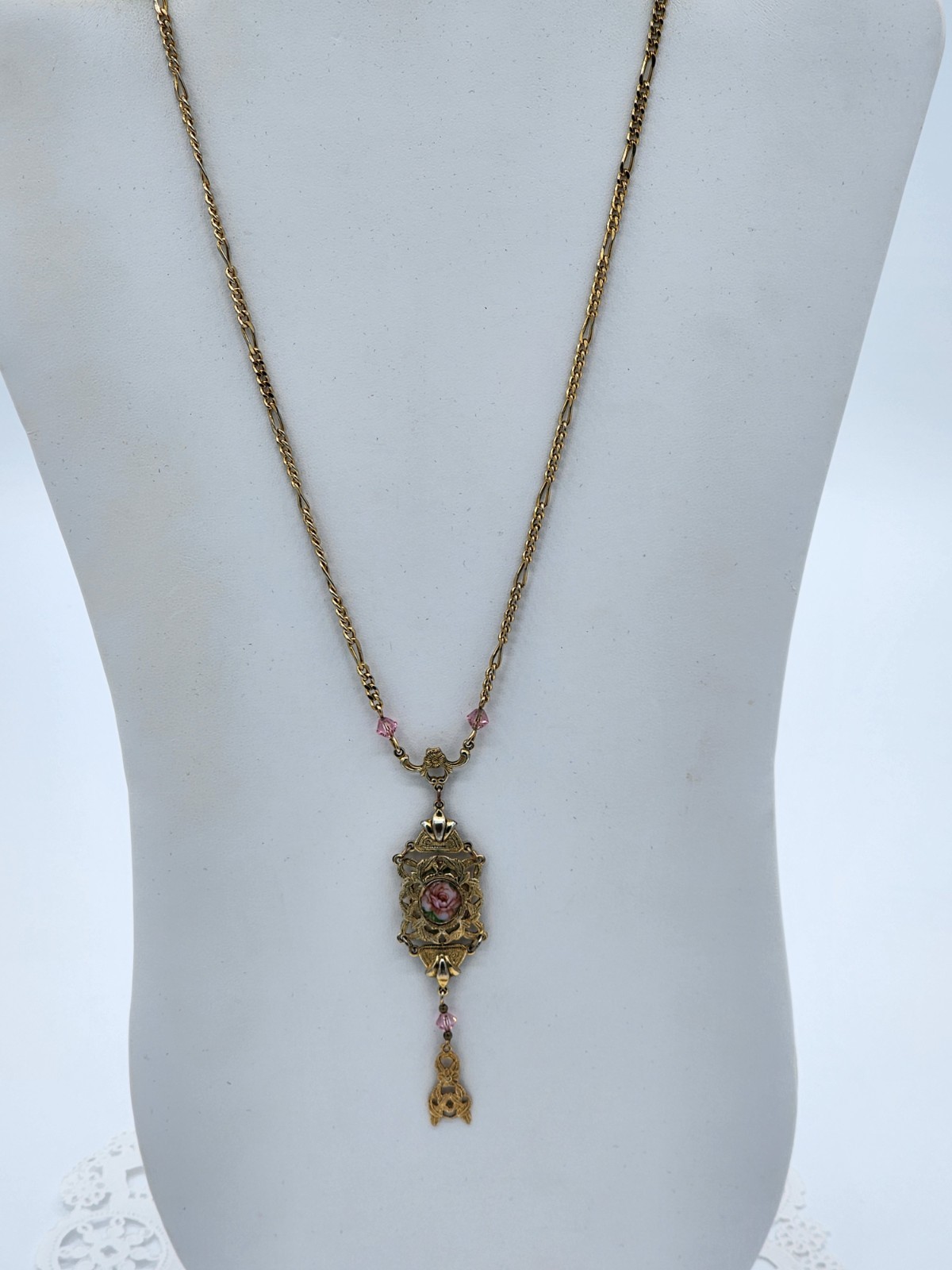 1928 Victorian Deco Porcelain Rose Pink Crystal Pendant Necklace 23″