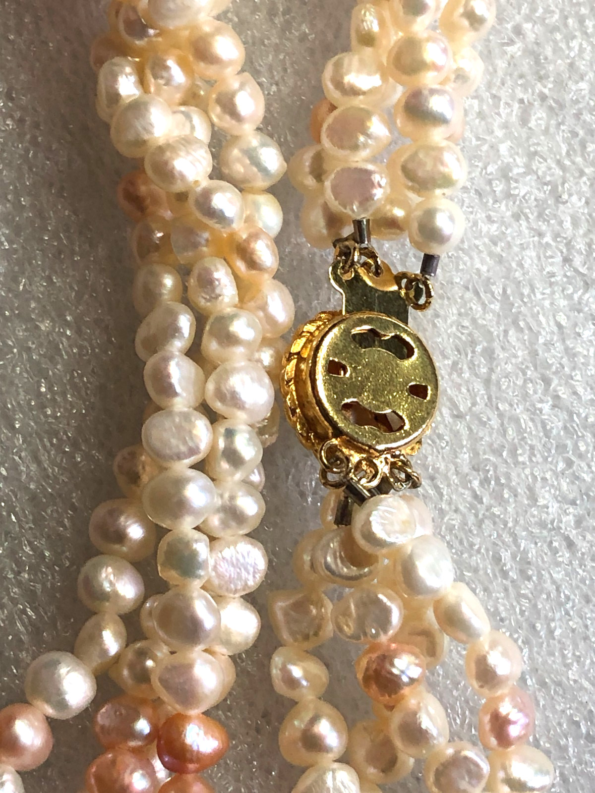 Vintage Peach Cream Cultured Pearl Multi Strand Necklace +Stretch Bracelet P9