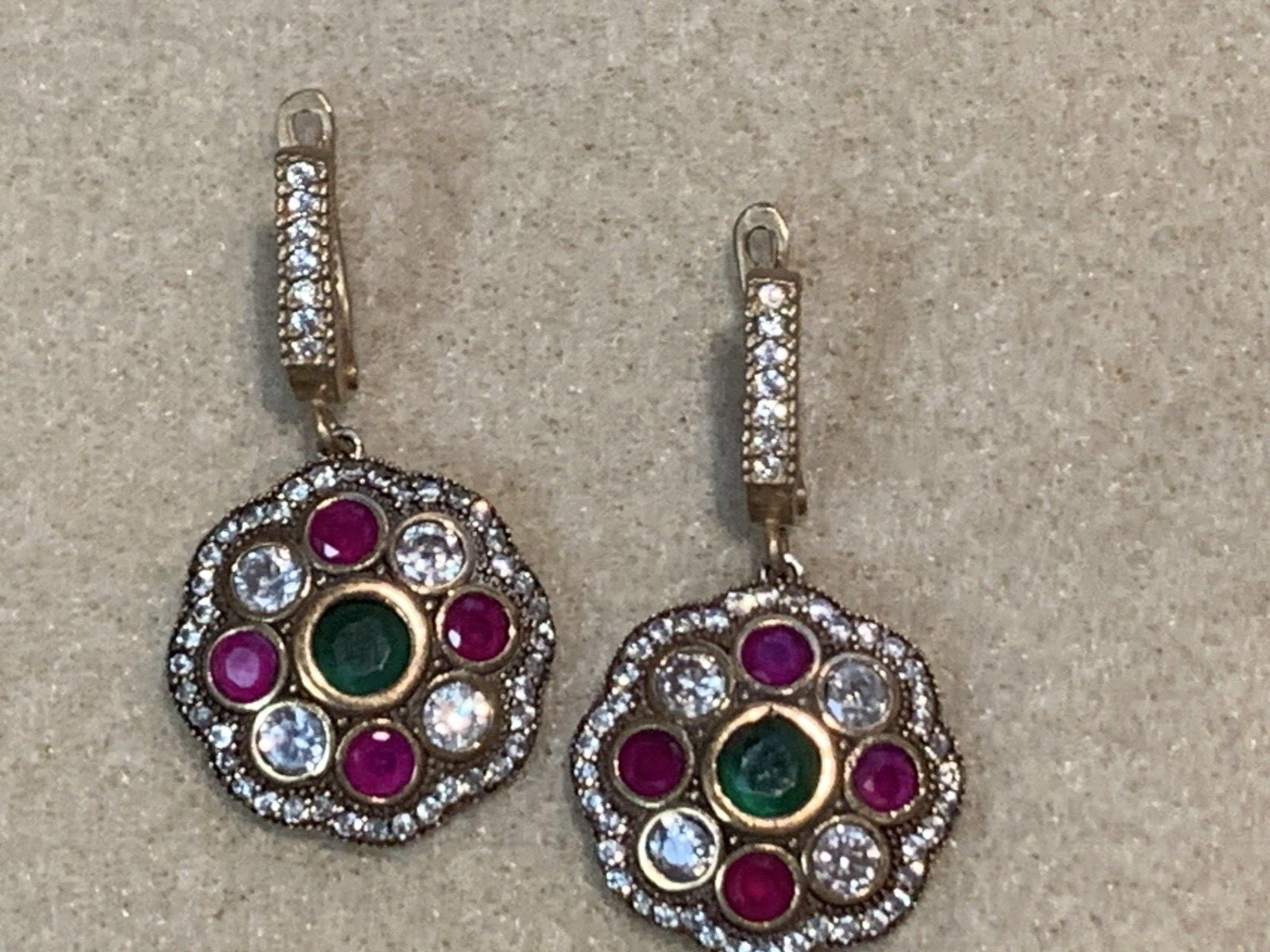 HUGE SALE**ESTATE VTG. EMERALD/RUBY/WHITE ZIRCON OTTOMAN EARRINGS-NEVER WORN