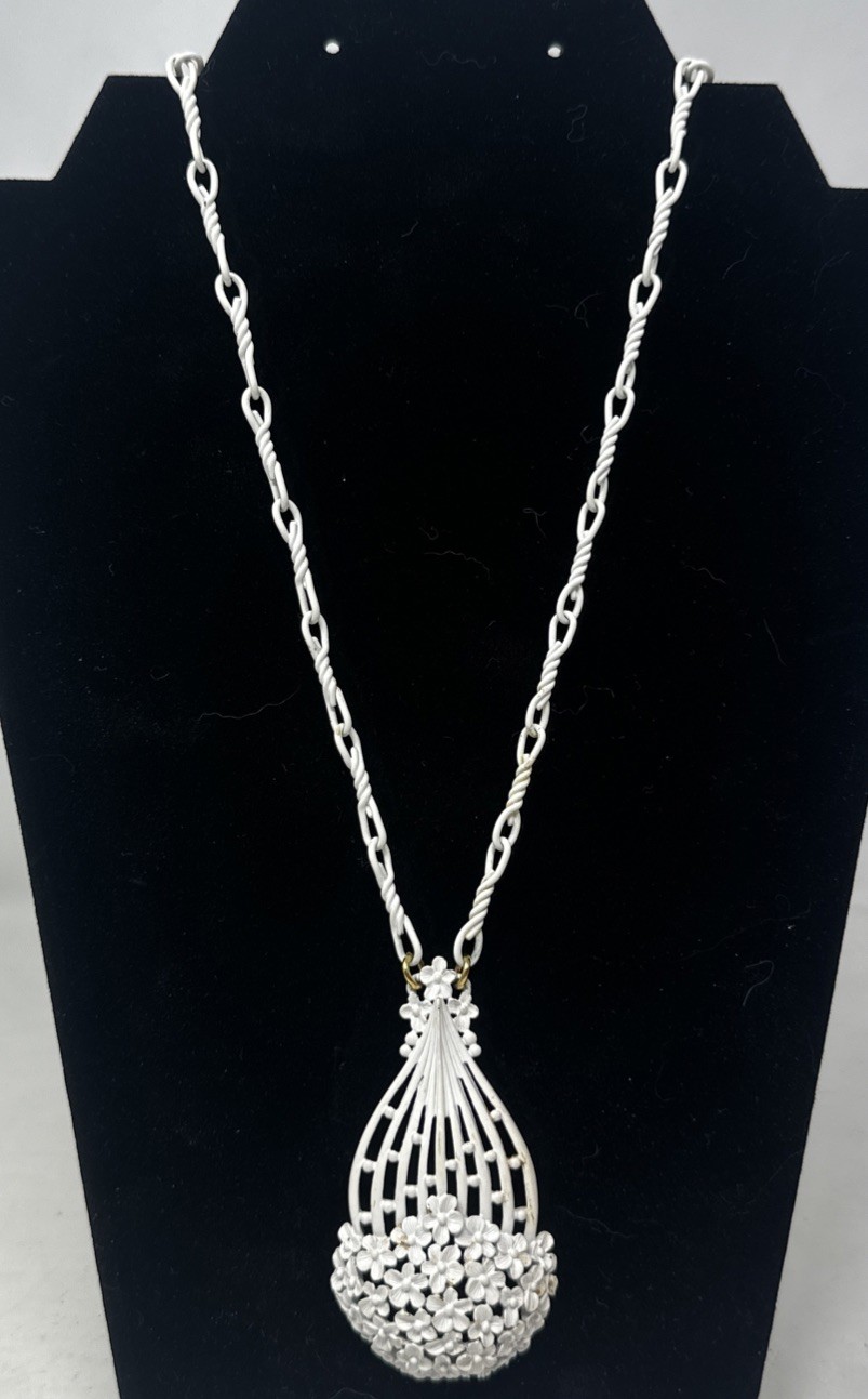 Vintage MONET white Enamel basket of flowers pendant, 26” Long Chain MCM