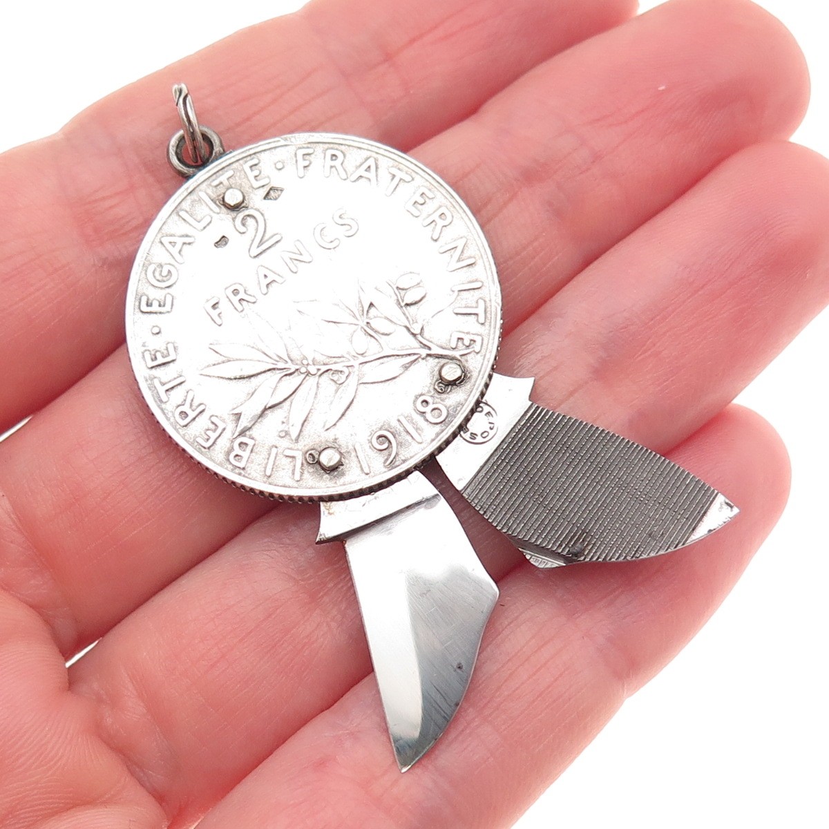 Eloi Pernet 835 Silver Antique 1918 France 2 Francs Coin Pocket Knife Pendant