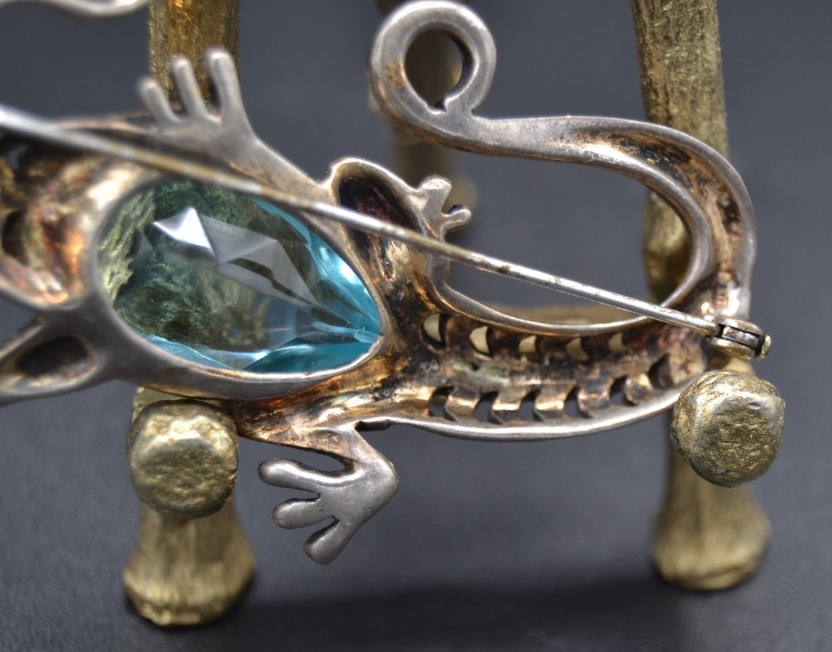REJA Sterling SALAMANDER LIZARD Brooch Earrings AQUA GLASS BELLY Vtg Set Signed